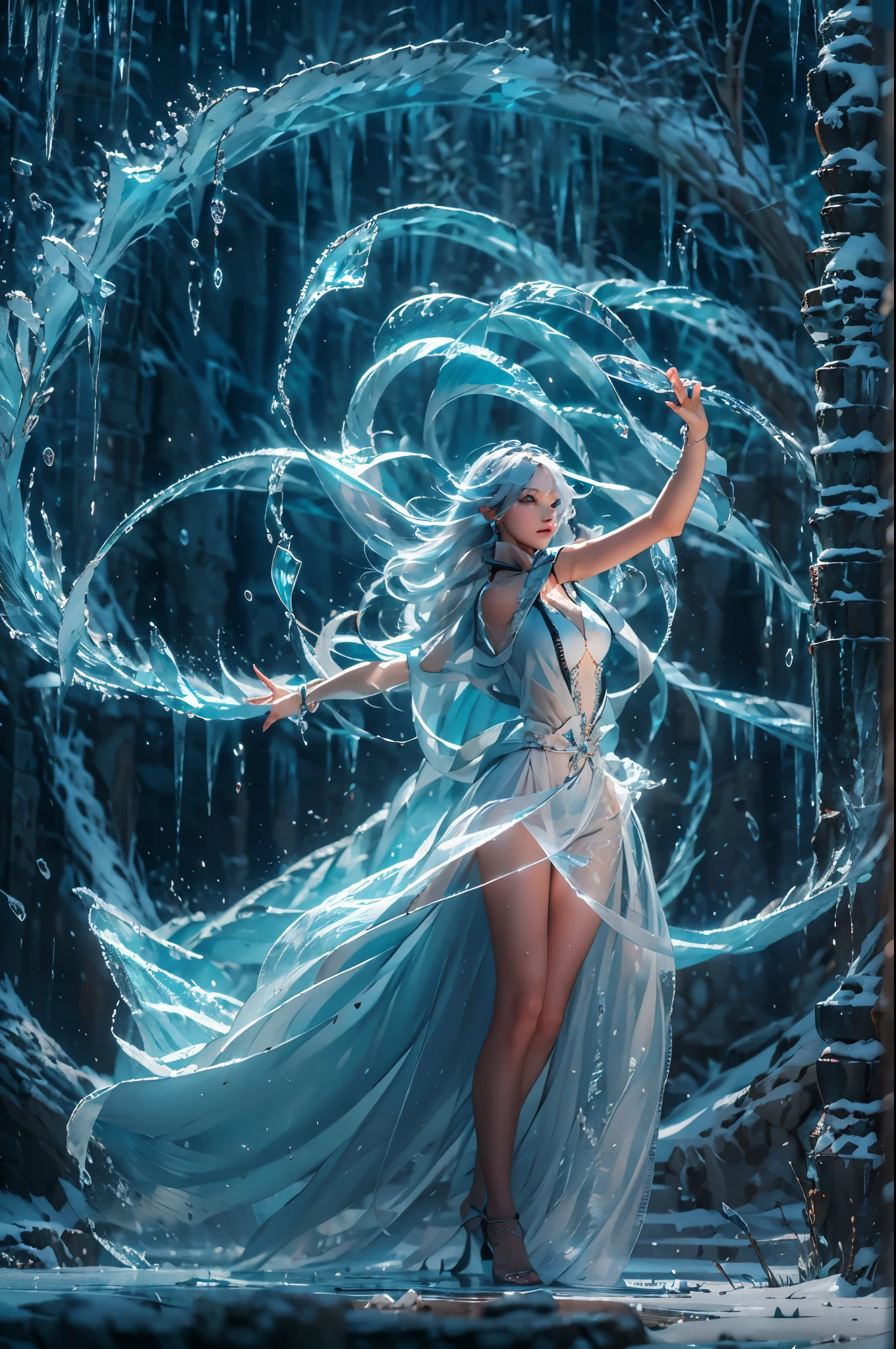 (((1 girl)))，dynamic poses，（Crystal dress：1.5），（magic circle：1.2），magic circle，blue concentric circles，ice crystals，concentric circles of frost，(((icicle)))，Ice mist，Ice particle effects，（Ice butterfly：1.2），Amazing results，,best quality,masterpiece,ultra high resolution,detailed，8K resolution,chiaroscuro，NVIDIA RTX