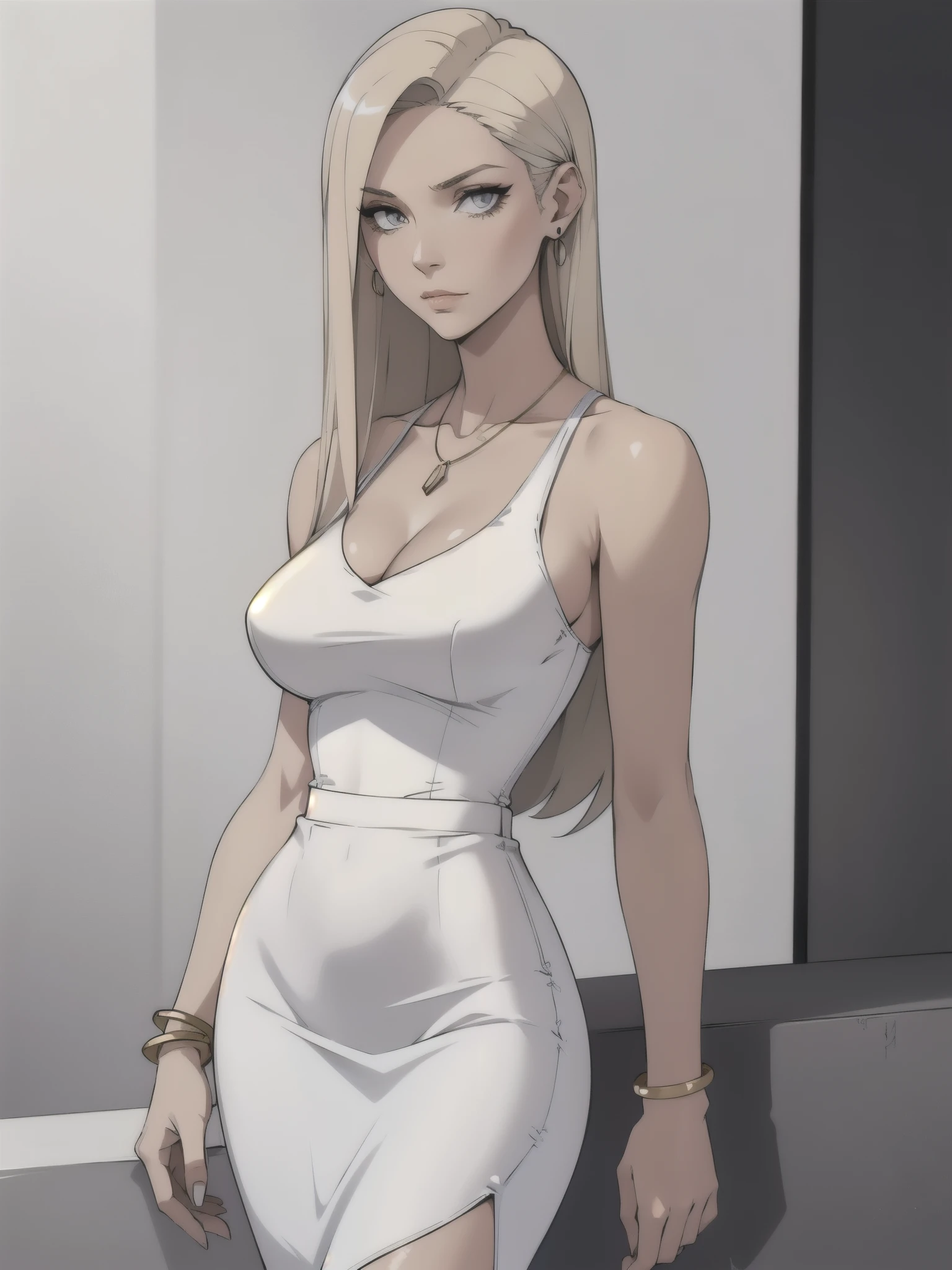 makeup, mascara, Clean, sharp designs, flowing silhouettes, tight shirt, ((high-waisted pencil skirts)), simple buton up blouse, asymmetrical, geometric, Elegant and luxurious materials and designs, Simple, minimal accessories, Slim necklaces and rings in silver or gold, Simple bangles, Distinctive designs, simple silhouettes, deep v, plunging neckline, cleavage, vestido rojo, platinum blonde, chic and mature impression, simple and sophisticated style, elegance, minimalism, high quality materials, cool and urban impression, high fashion, large breasts, lithe, simplicity and sophistication,