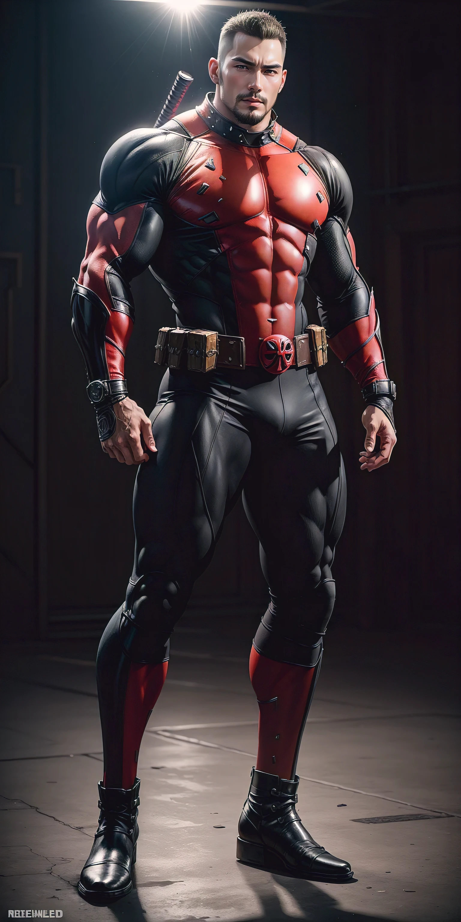 Tall giant muscular man, Super hero:dead Pool, Black and White Deadpool Pantyhose, Mechanical leather armor, his muscles are big, Lightweight texture, character concept(Resident Evil - Chris Redfield, small grid texture, regular symmetrical texture pattern, sad expression, Deep and charming eyes, emerald eyed hero, heroic male pose, tall burly, muscular!Charming leg muscles, High, burly, Heqiang, Super gain and cool, high resolution committee, Yellow-gray ultra-thin nano mechanical boots suitable for big feet, Charming strong man, The bright sunshine is shining on you, matte particles, shiny texture, shadow, chiaroscuro, divine light, best quality