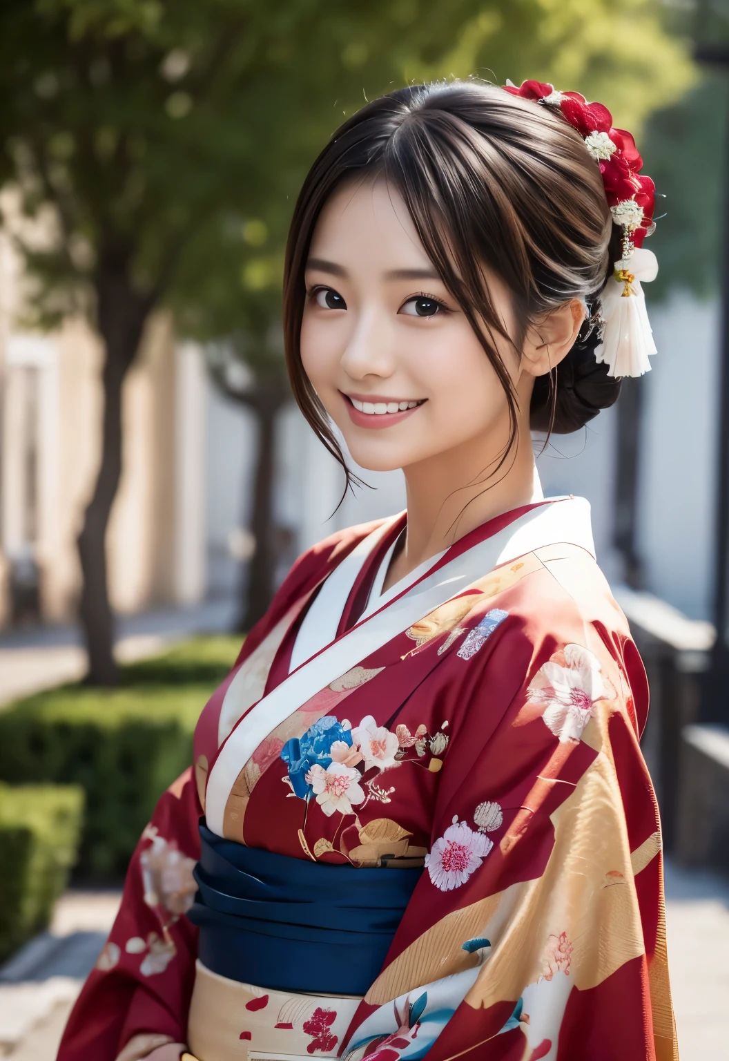 (((garden:1.3, outdoor, Photographed from the front))), ((hair tied up:1.3, kimono, japanese woman, smile,cute)), (clean, natural makeup), (highest quality, masterpiece:1.3, 超High resolution), (Super detailed, caustics), (realistic:1.4, RAW shooting), very detailed, High resolution, 16K resolution