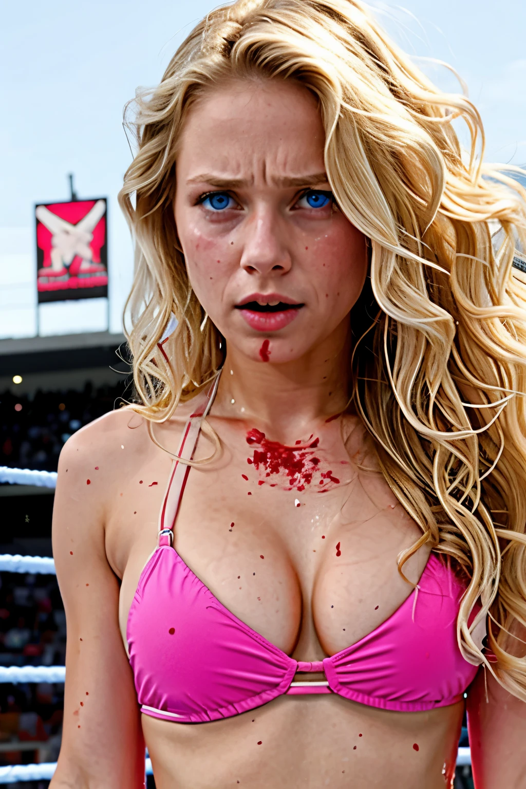 a beautiful young woman losing a brutal fight, long wavy blonde hair, large blue eyes, thin body, pink thong bikini, crying, (bloody nose), bruised, WWE