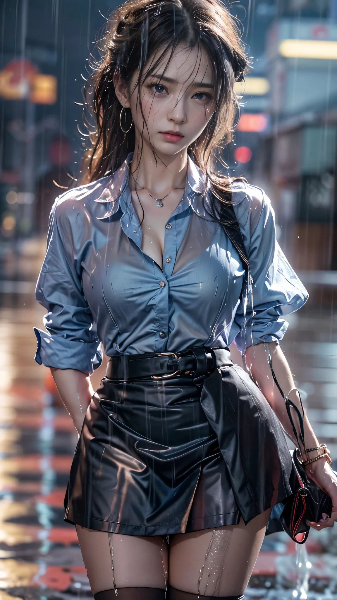 (RAW shooting, Photoreal:1.5, 8K, highest quality, masterpiece, ultra high resolution), perfect dynamic composition:1.2, Night street corner of a modern city, lovelorn:0.5, (((Typhoon heavy rain))), Highly detailed skin and facial textures:1.2, Slim office lady wet in the rain:1.3, Fair skin:1.2, sexy beauty:1.1, perfect style:1.2, beautiful and aesthetic:1.1, very beautiful face:1.2, water droplets on the skin, (rain drips all over my body:1.2, wet body:1.2, wet hair:1.3, Wet tight skirt:1.2, wet office lady uniform:1.3), belt, (Medium chest, Bra is transparent, Chest gap), (cry, expression of sadness, The expression on your face when you feel intense caress, Facial expression when feeling pleasure), (beautiful blue eyes, Eyes that feel beautiful eros:0.8), (Too erotic:0.9, Bewitching:0.9), cowboy shot, Shoulder bag, necklace, earrings, bracelet, clock
