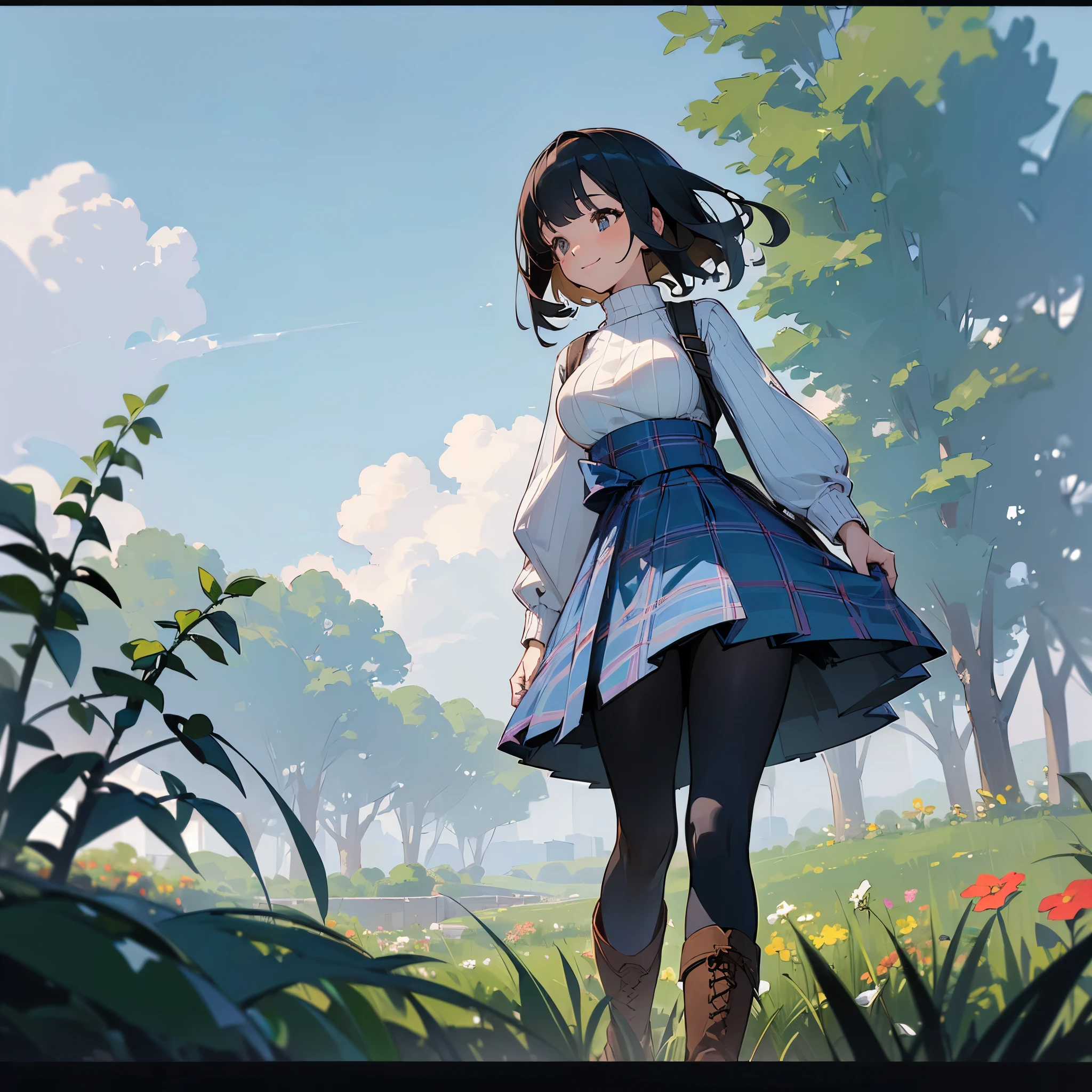 (high quality, High resolution, Super detailed, reality:1.37), peaceful atmosphere, (outdoor, garden), girl standing alone, (my breasts are big.), Beautiful detail features, cute smile, (black bob hair), ribbed sweater, blue plaid skirt, black tights, brown boots.