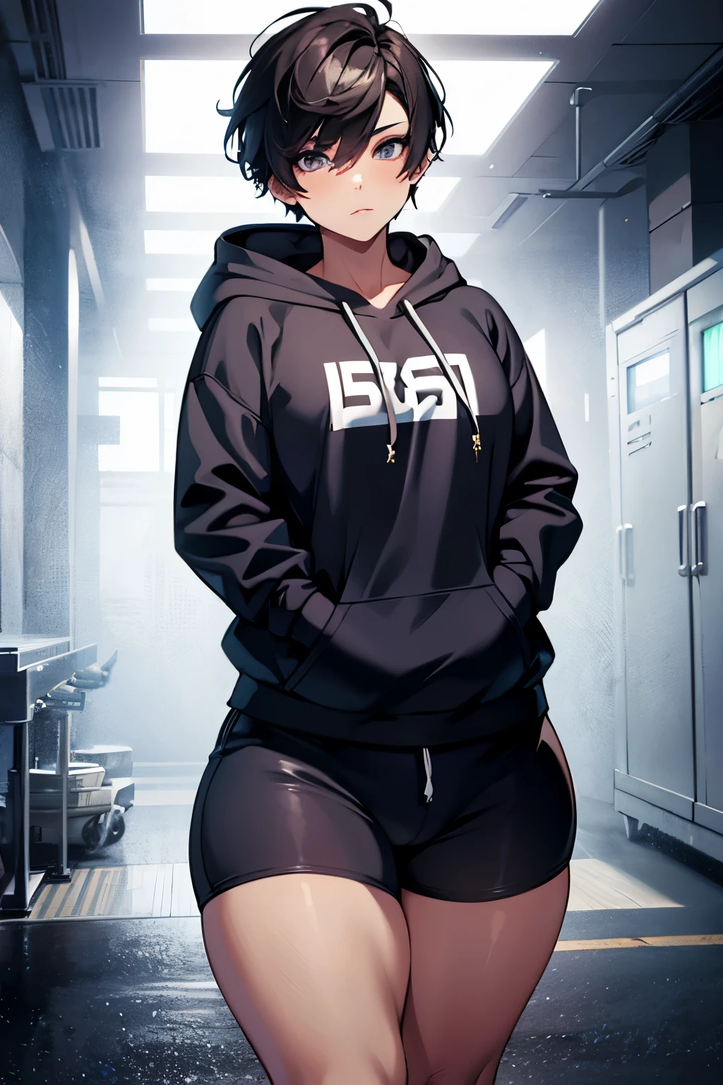1boy, femboy, bulge, short hair, feminine face, large ass, wide hips, thick thighs, modern, hoodie, shorts looking at viewer