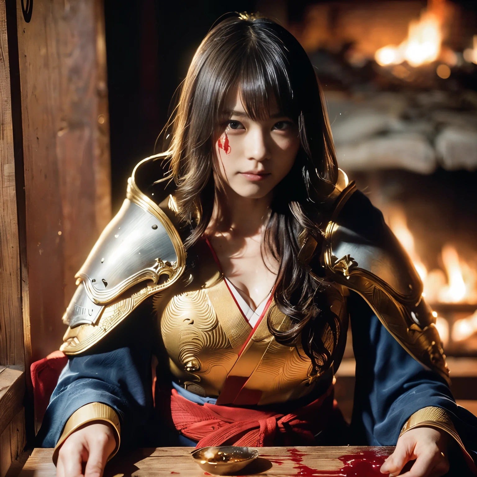 (((Realistic, masterpiece, best quality, crisp detail, high definition, high detail, sharp focus, perfect studio lightning))), 20 years old assassin,((( in the middle of a war, kasumi arimura, drinking blood))), wearing (((fully decorated golden armor, armored kimono, blood scattered face, blood tears, blood bath, blood shed))), (((fire everywhere, blood everywhere, death everywhere, japan bakumatsu period, dead bodies,carcass,burned japanese castle,hellish,chaos)) traditional village background)