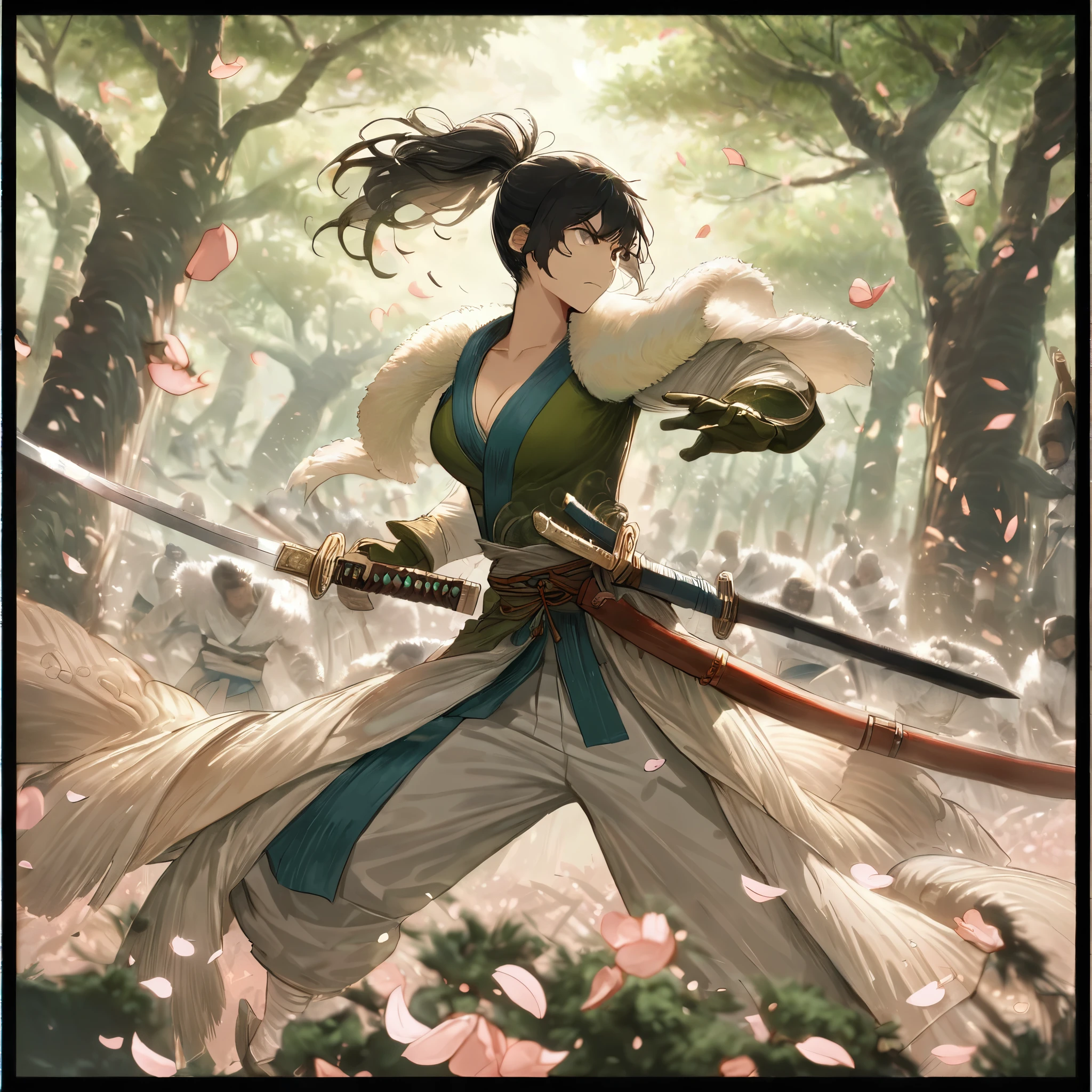 Petals fluttering in the wind, shining swords, helpless expression, anger, fighting with death, very detailed expression, very detailed petals,ponytail, 2swordsman fighting,fight,gongfu,stand in trees, 2swordsman stood in a peach tree forest with petals dancing,petals , detailed ,completing the stable diffusion of serenity and contentment,masterpiece, best quality,masterpiece, best quality, swordman,holding a sword(trees:0.5),(eagle:0.5), (bamboo:0.2) fighting stance, 1man, glowing, solo, weapon, sword, tree, holding, gloves, outdoors, sheath, border, holding weapon, black hair, holding sword, fur trim, looking away,medium breast,show cleavage,look at view