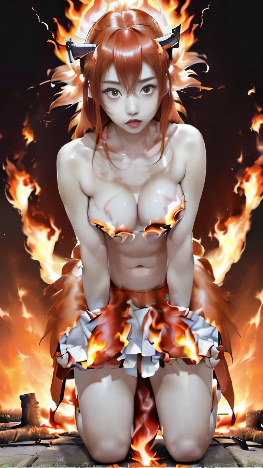 (((masterpiece))),((highest quality)),one beautiful japanese girl,pale, (A character who personifies flame: 1.5), (hair red flame:1.5)、(((my hair is like a blazing flame:1.5)))、(belly button)、(A glimpse of white skin can be seen through the flames that cover the body..:1.5),(private server), (exposure of skin),(Background is dead tree 1.5).(((from the front:1.5)))、(straight front: 1.5)、(((kneel down:1.5)))