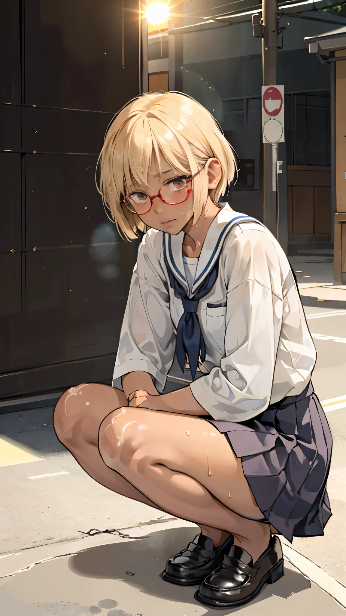 (super flat, flat shading), Honors Type, Really blushing, 17 years old, Japanese school girl, Short bob cut blonde half up hair, Glasses, (((sun burn dark skin))), sweaty healthy body, black panties, bare legs, loafers, ultra realistic, early morning, squatting in crowded street, (((female masturbation)))