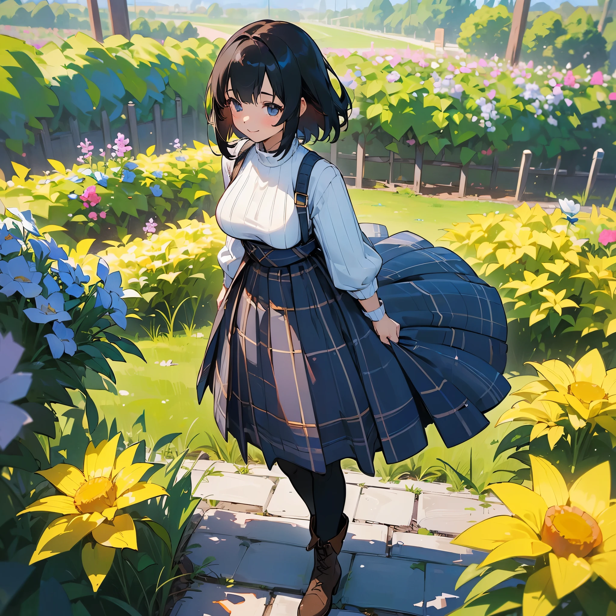(high quality, High resolution, Super detailed, reality:1.37), peaceful atmosphere, (outdoor, garden), teenage girl standing alone, (my breasts are big.), Beautiful detail features, cute smile, (black bob hair), ribbed sweater, blue plaid skirt, black tights, brown boots.
