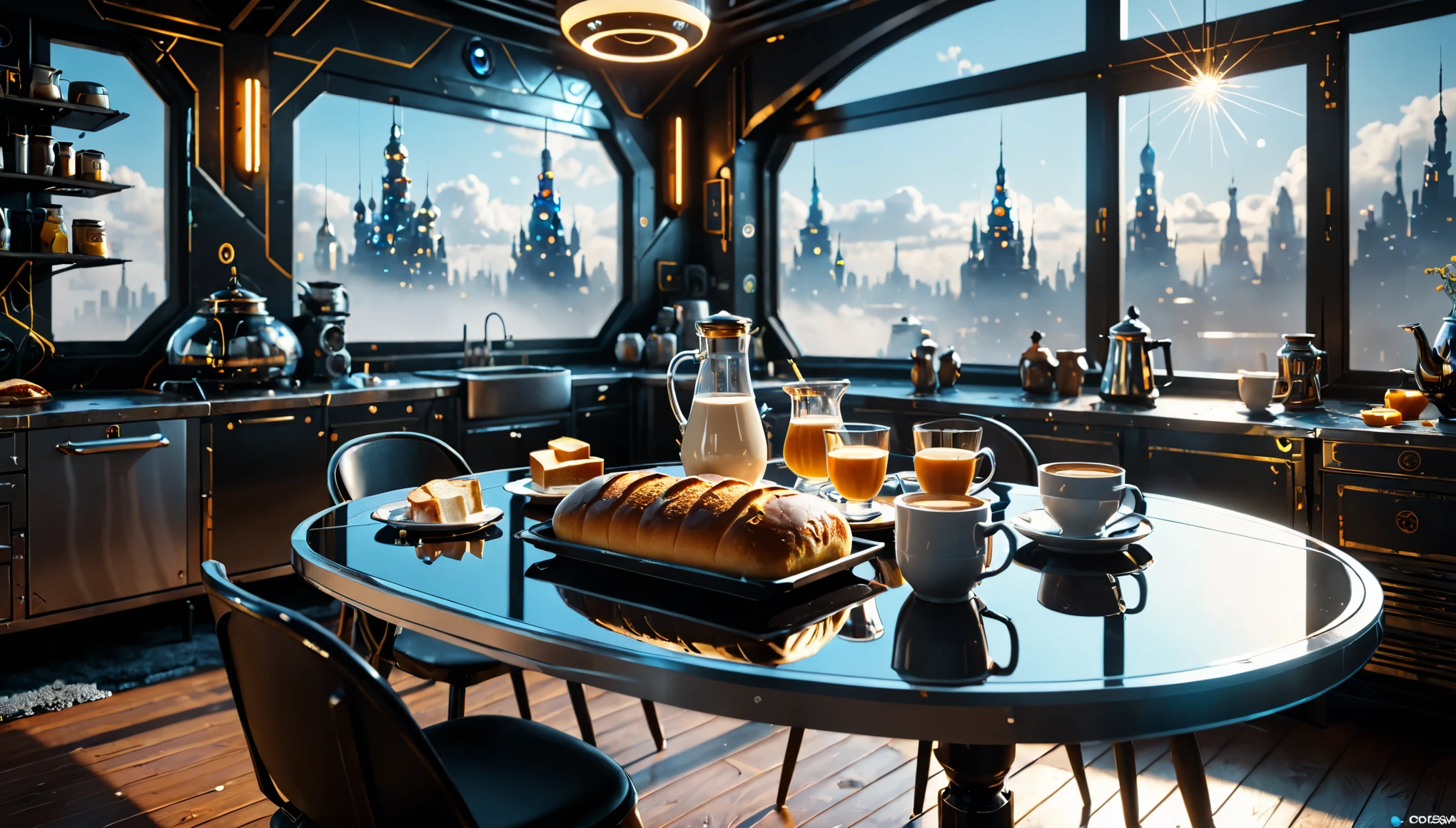 (best quality,4k,8k, highres,masterpiece:1.2), ultra-detailed, futuristic, cyberpunk cozy room, bread, honey, milk, tea, chocolate, coffee, fat aristocrate sitting center of the table, drinking milk, light from windows, ray tracing, reflection, detailed scene, Midjourney effect, Russian painter style, Octane Render, Unreal Engine, 8k,

