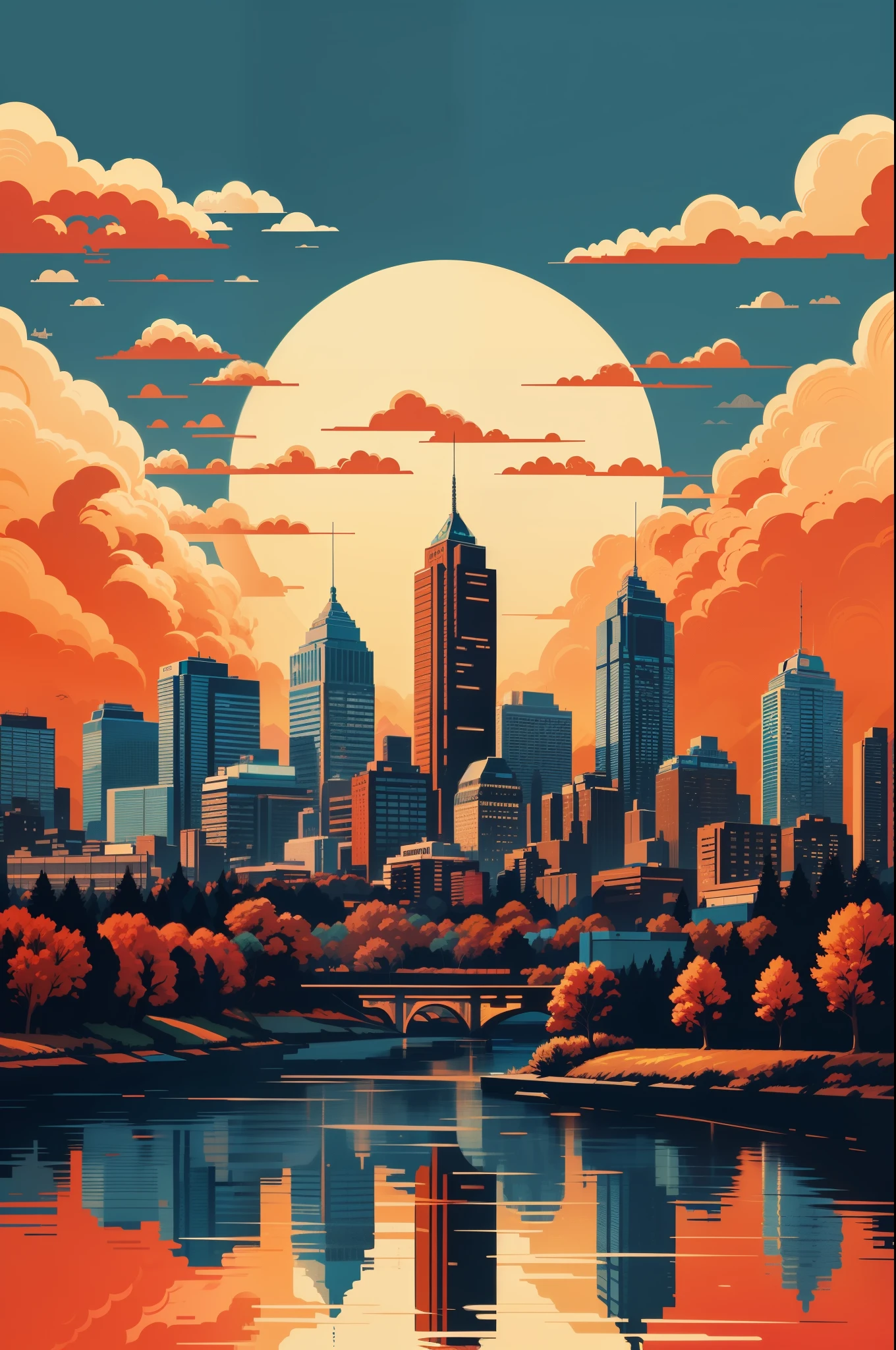 there is a picture of a city skyline with a lake in the foreground, in style of digital illustration, highly detailed vector art, in the art style of dan mumford, dan mumford paint, highly detailed illustration.”, by David B. Mattingly, day cityscape, highly detailed illustration, beautiful cityscape, painting by dan mumford, jen bartel, in the style dan mumford artwork