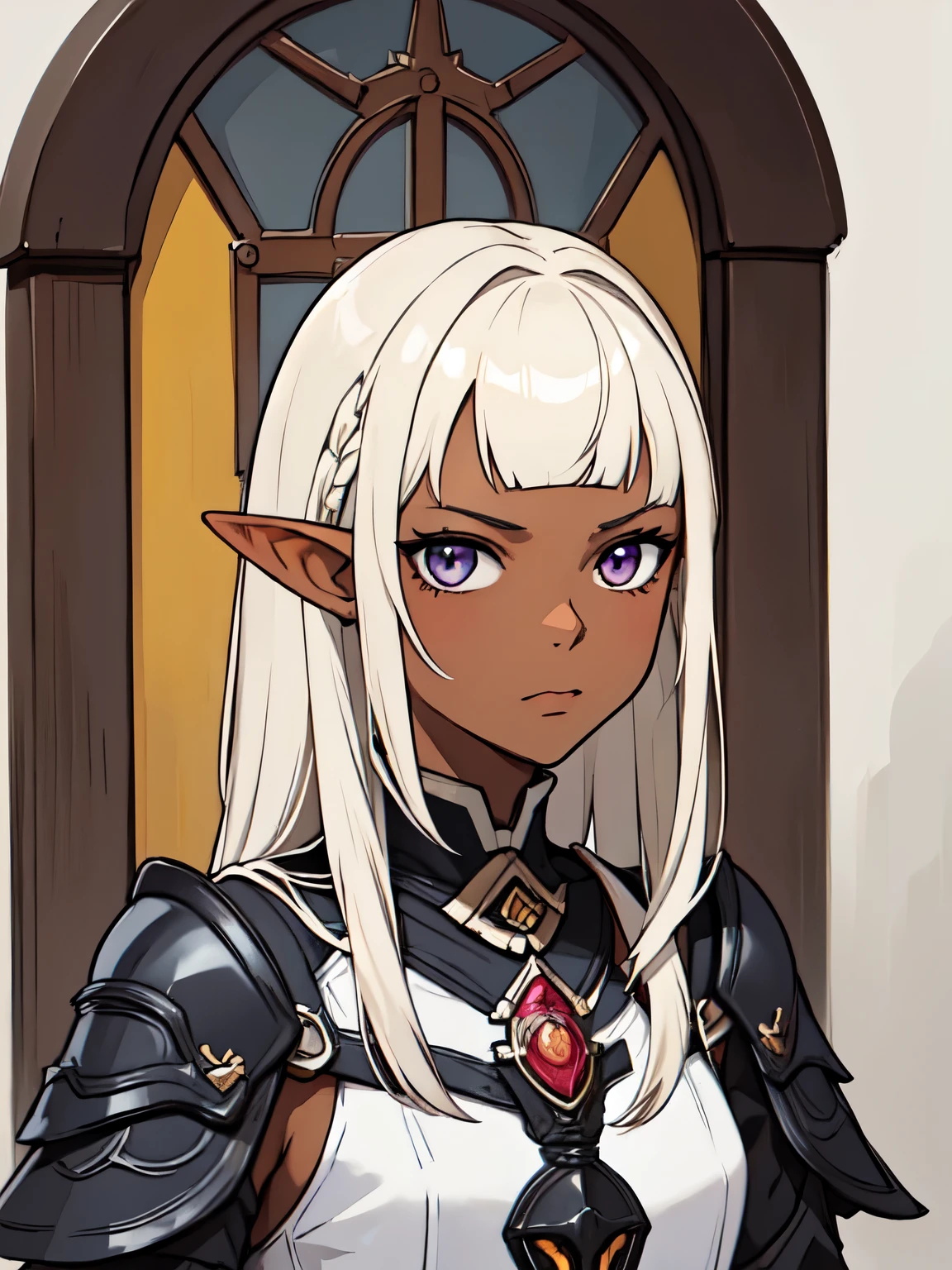 masterpiece, best quality, portrait, 1girl, dark skin, dark-skinned_female, dark_skin, blonde_hair, yellow hair, short hair, pink eyes, full armor, elf ear,  Straight hair, ((Straight bangs:1.5)),