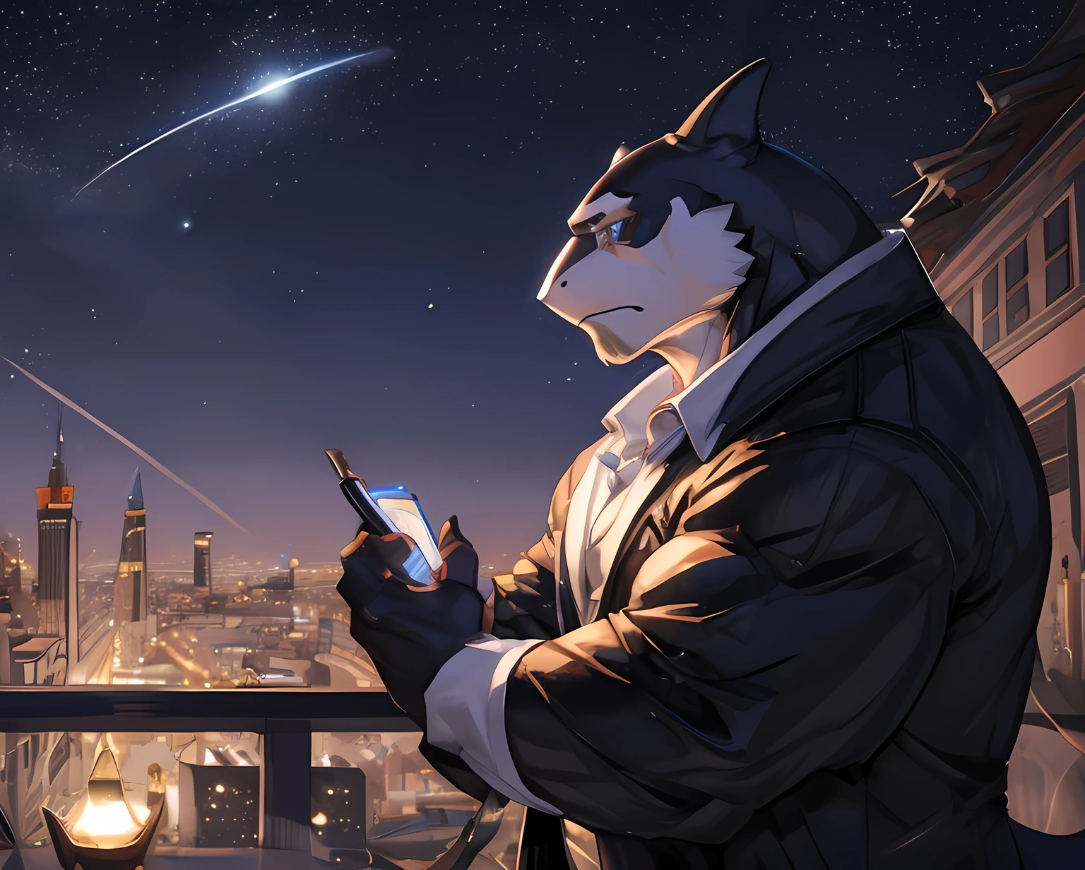 Anthropomorphic, (Solo), Anthro male, Single, Male, Muscle, Lone Orca, 50 years old, White office clothes, walking at night in the city, Perfect scaling, Masterpiece, by Luodejun, Praying, Shimmering stars, contemplating, Crying, Sad, Beautiful atmosphere, space sky