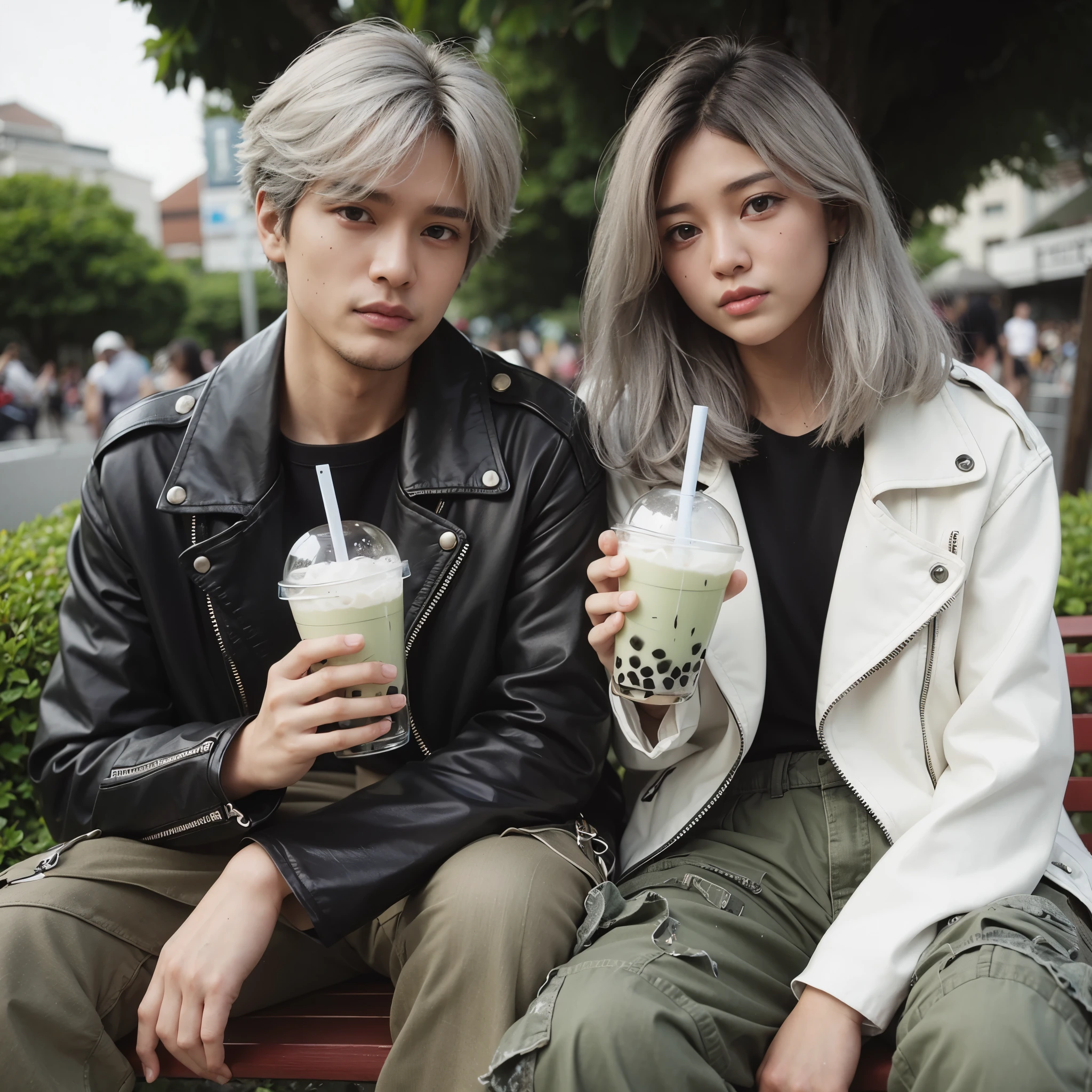 A pair of young Indonesian men and women, bright ash green hair, wearing black t-shirts and white leather jackets. short cargo pants sitting on a city park bench. I'm drinking iced cappocino boba.