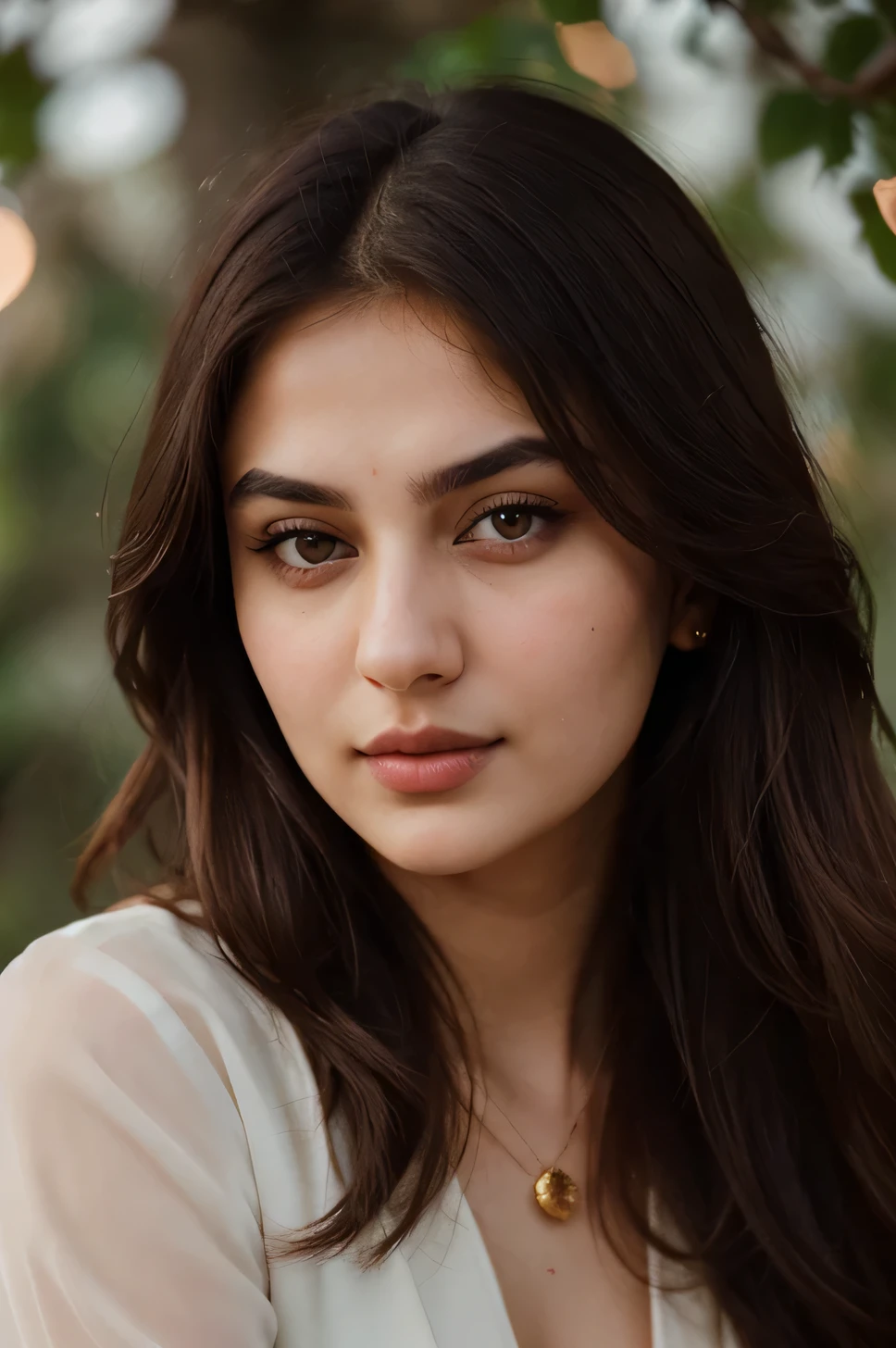 "Craft a captivating portrait that showcases the allure of a young Pakistani Russian woman looking directly to the Camera with dark brown eyes, porcelain white skin, and cascading chestnut hair, capturing her essence with delicate features and an air of timeless beauty."