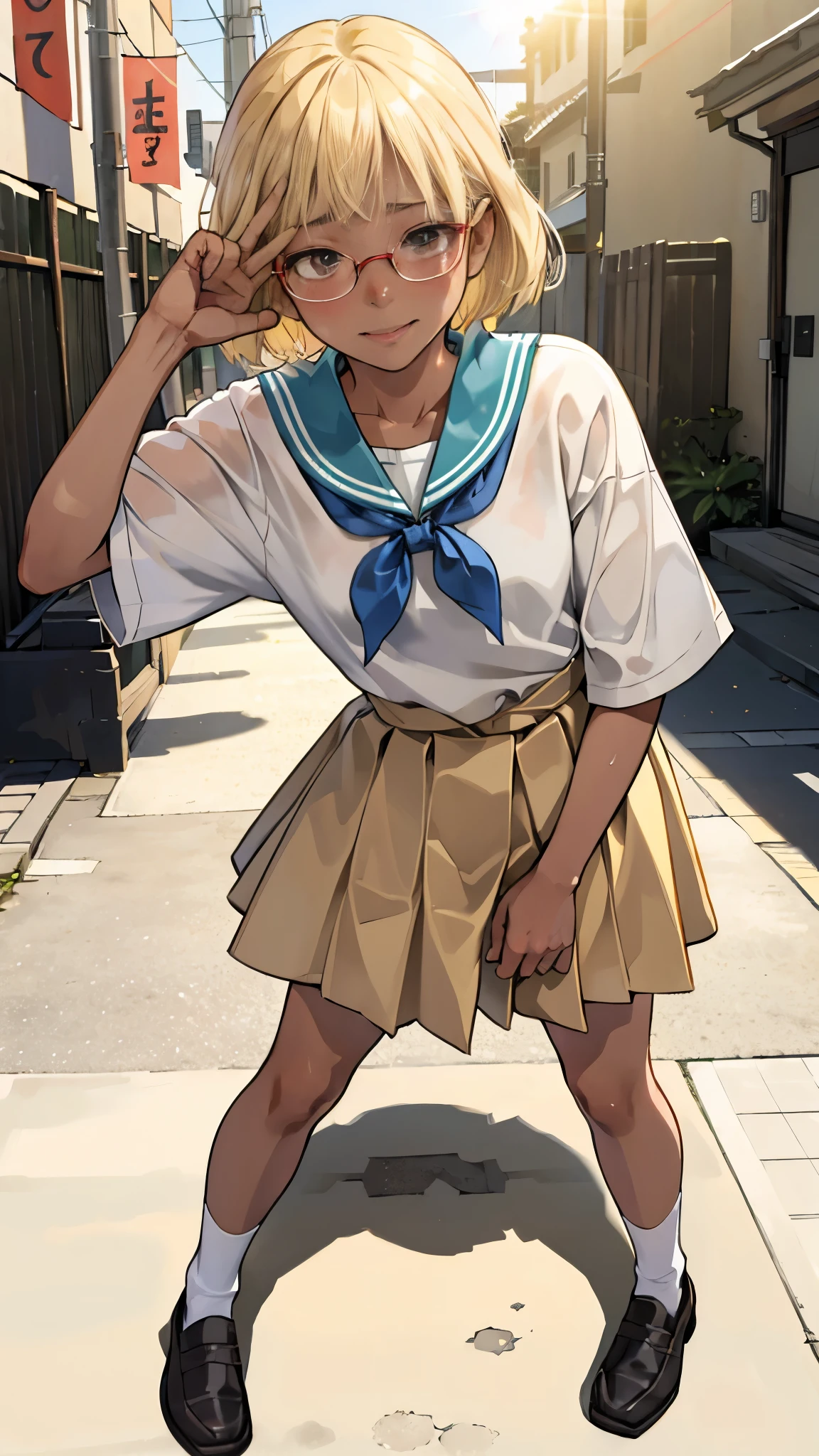 (super flat, flat shading), Honors Type, Really blushing, 17 years old, Japanese school girl, Short bob cut blonde hair, Glasses, (((sun burn dark skin))), sweaty healthy body, mesugaki smile, , bare legs, loafers, ultra realistic, early morning, standing in crowded street, v sign, female masturbation