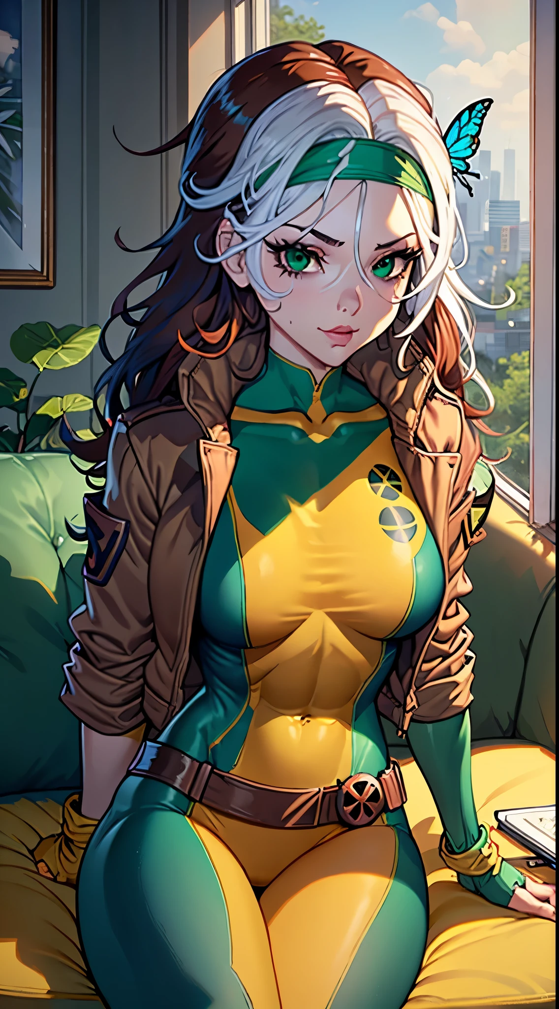 (masterpiece, best quality:1.2), classicrogue, 1girl, solo, long hair, breasts, smile, large breasts, brown hair, green eyes, jacket, big hair, white hair, multicolored hair, parted lips, open clothes, belt, two-tone hair, open jacket, lips, bodysuit, covered navel, makeup, muscular, headband, abs, skin tight, multicolored clothes, muscular female, dyed bangs, multicolored bodysuit, green bodysuit, yellow bodysuit, butterfly, bug, window, sitting, indoors, plant, book, laptop, computer, couch, looking at viewer, closed mouth, blurry, blue butterfly, potted plant, building, expressionless, depth of field, book stack, day