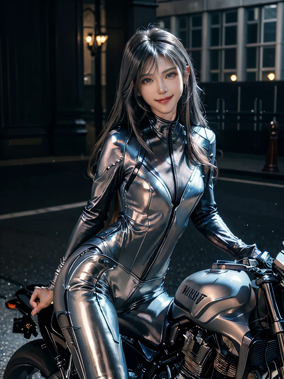 ((best quality)), ((masterpiece)), ((perfect face))、((detailed motorcycle))、Detailed and clear photos、((riding a motorcycle))、slender body、long legs、full body shot、smile、((Metallic silver long sleeve riding suit and leather pants))