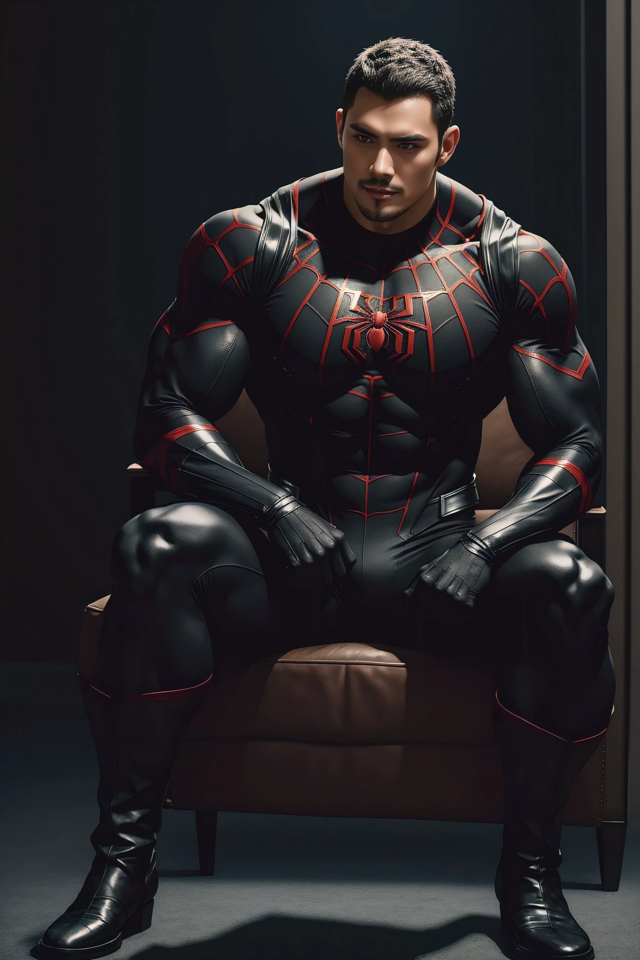 Tall giant muscular man, Super hero:Black Spider-Man, Black Spider-Man jumpsuit, black spiderman pantyhose, character concept(Resident Evil - Chris Redfield, Strong leg muscles, his muscles are big, Lightweight texture, He is sitting on a soft and comfortable sofa chair, regular symmetrical texture pattern, sad expression, Deep and charming eyes, emerald eyed hero, heroic male pose, tall burly, muscular!Charming leg muscles, High, burly, Heqiang, Super gain and cool, high resolution committee, Big feet in black boots, Charming strong man, The bright sunshine is shining on you, matte particles, shiny texture, best quality