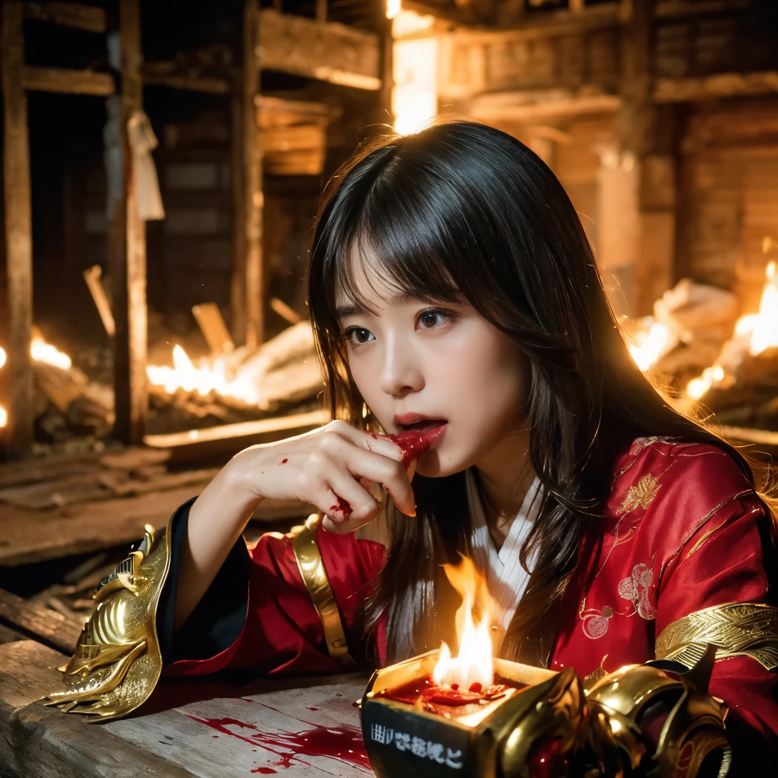(((Realistic, masterpiece, best quality, crisp detail, high definition, high detail, sharp focus, perfect studio lightning))), 20 years old assassin,((( in the middle of a war, kasumi arimura, drinking blood, blood sucking))), wearing (((fully decorated golden armor, armored kimono, blood scattered face, blood tears, blood bath, blood shed))), (((fire everywhere, blood everywhere, death everywhere, japan bakumatsu period, mutilated dead bodies,burned japanese castle,hellish,chaos)) traditional village background)