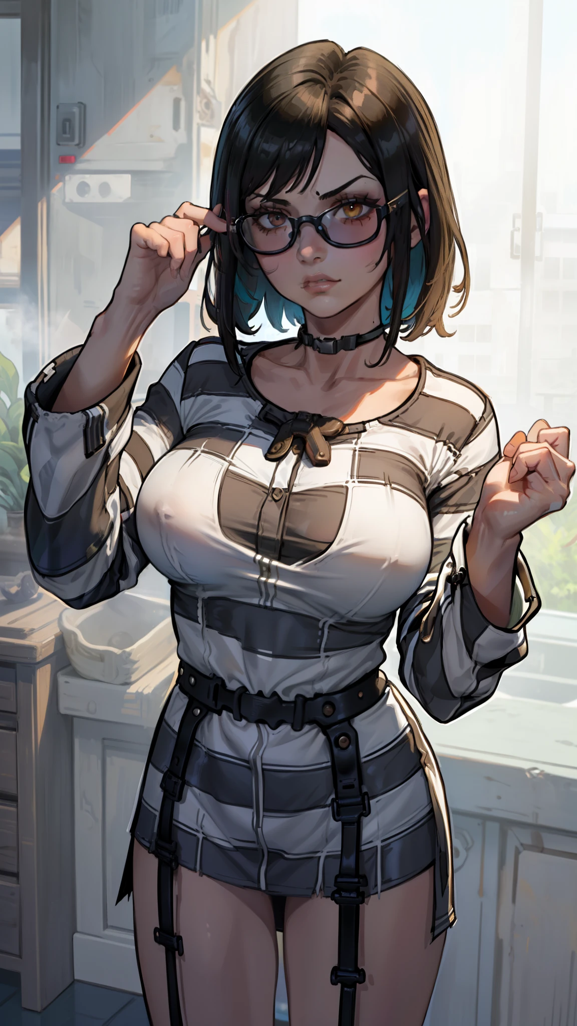 masterpiece:1.3), ((best quality:1.3), I-no, 1girl, tinted eyewear, breasts, short hair, solo, choker, mole above mouth, sunglasses, large breasts, ((priclothes)), ((striped clothes)), prisoner, shirt, long sleeves, prison striped prison inmate scrubs with long tight sleeves, upper body, shackles, black and white stripes
