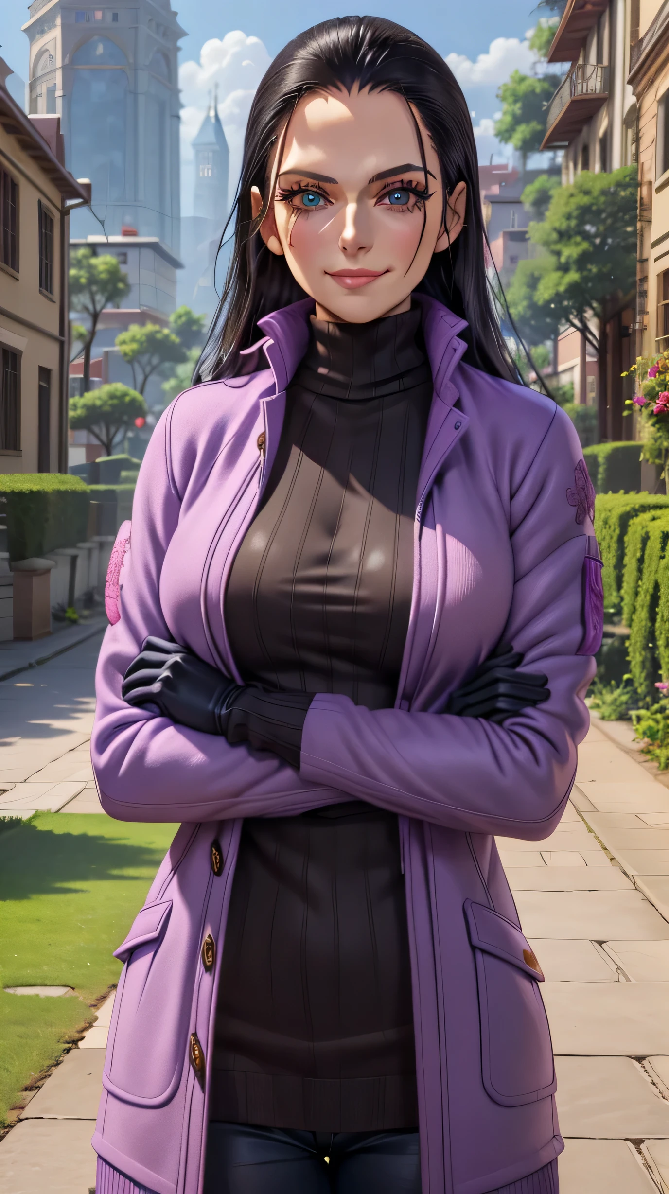 (Masterpiece), 1girl, high quality, best quality, extremely detailed eyes, extremely detailed body, blush, highly detailed, Nico robin, one piece, black hair, blue eyes,  looking at viewer, smile, large breasts, gloves, long sleeves, closed mouth, 1girl, purple jacket, upper body, open clothes, sweater, coat, crossed arms, eyewear on head, brown gloves, ribbed sweater, hair slicked back, purple sweater