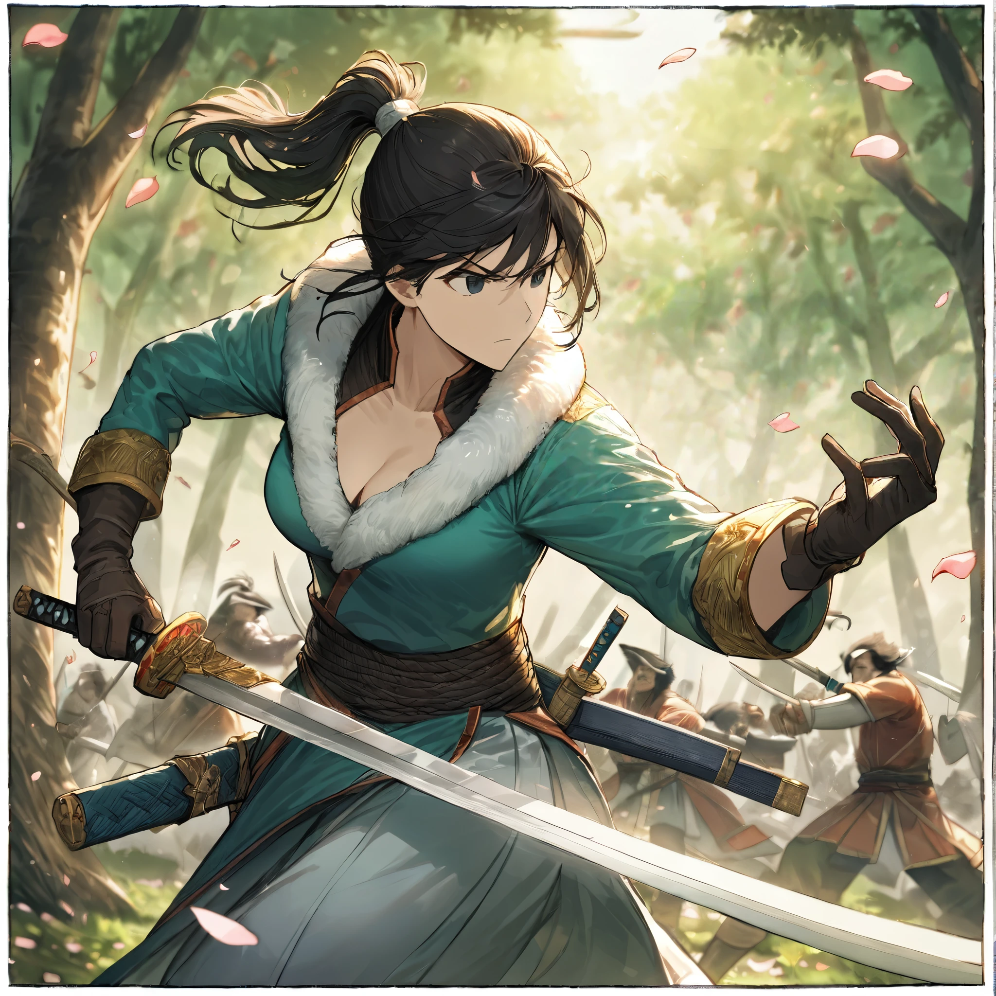 (dress in white),Petals fluttering in the wind, shining swords, helpless expression, anger, fighting with death, very detailed expression, very detailed petals,ponytail, 2swordsman fighting,fight,gongfu,stand in trees, 2swordsman stood in a peach tree forest with petals dancing,petals , detailed ,completing the stable diffusion of serenity and contentment,masterpiece, best quality,masterpiece, best quality, swordman,holding a sword(trees:0.5),(eagle:0.5), (bamboo:0.2) fighting stance, 1man, glowing, solo, weapon, sword, tree, holding, gloves, outdoors, sheath, border, holding weapon, black hair, holding sword, fur trim, looking away,look at view