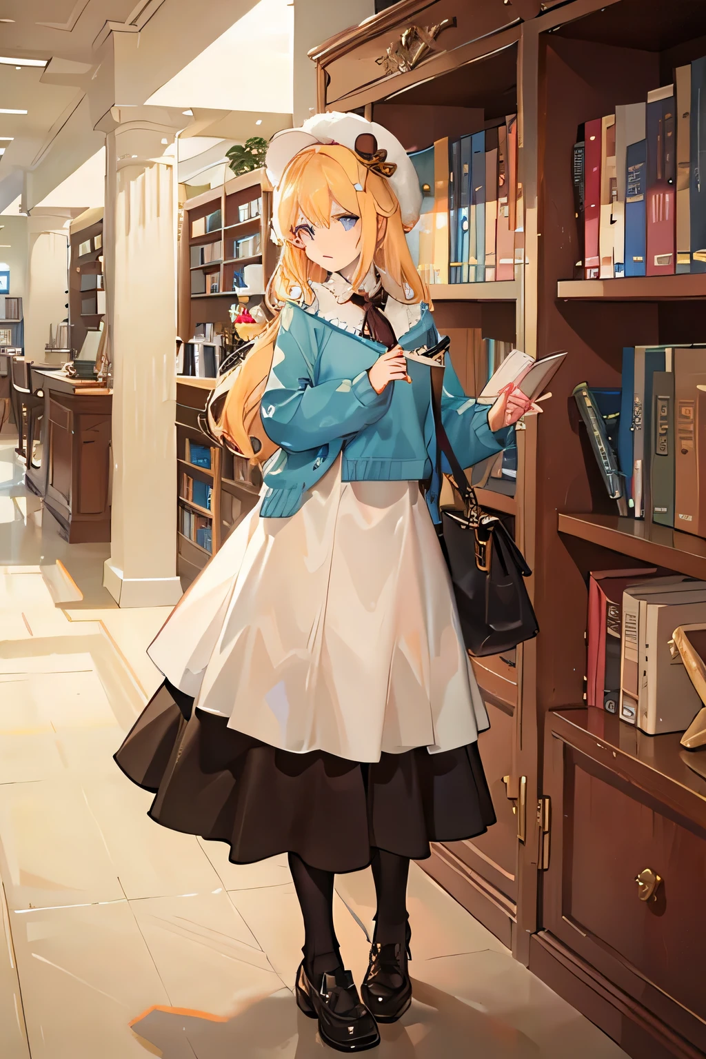 Mysterious and cute girl in the library wearing a bread hat