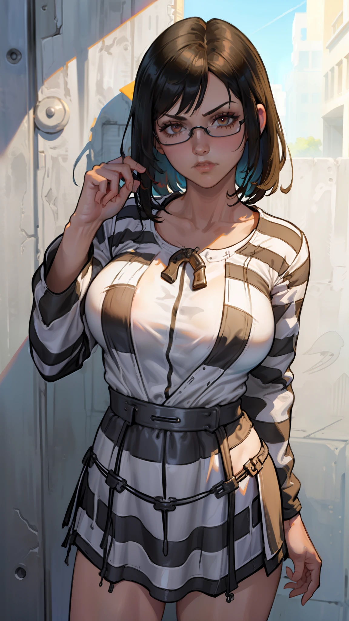 masterpiece:1.3), ((best quality:1.3), I-no, 1girl, tinted eyewear, breasts, short hair, solo, choker, mole above mouth, sunglasses, large breasts, ((priclothes)), ((striped clothes)), prisoner, shirt, long sleeves, prison striped prison inmate scrubs with long tight sleeves, upper body, shackles, black and white stripes
