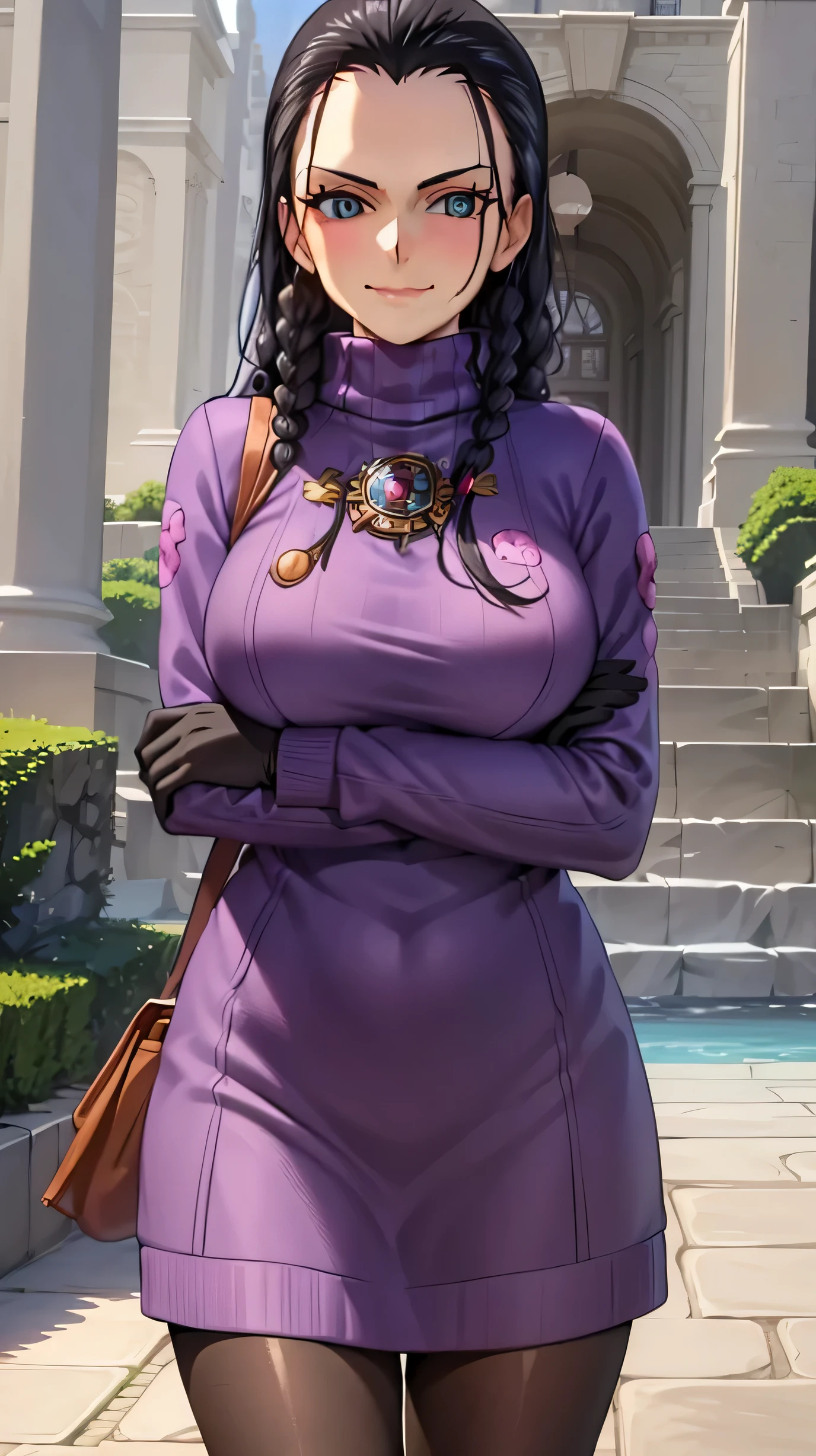 (Masterpiece), 1girl, high quality, best quality, extremely detailed eyes, extremely detailed body, blush, highly detailed, Nico robin, one piece, black hair, blue eyes, looking at viewer, smile, large breasts, gloves, long sleeves, closed mouth, 1girl, purple jacket, upper body, open clothes, sweater, coat, crossed arms, eyewear on head, brown gloves, ribbed sweater, hair slicked back, purple sweater