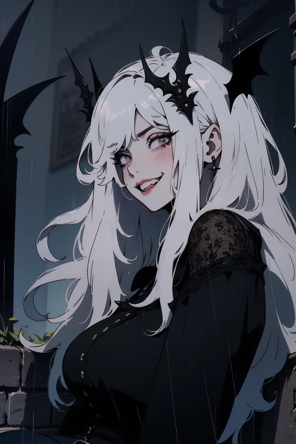 (outside, scary castle, raining, evening, soft light, dim lit, moody vibe, horror \(theme\), ), (insanely detailed, beautiful detailed face, masterpiece, best quality), 1girl, succubus, demon girl, mature female, white hair, pink eyes, grin, smirk, demon horns, black tail, black demon wings, whole body, sitting on the ground, 