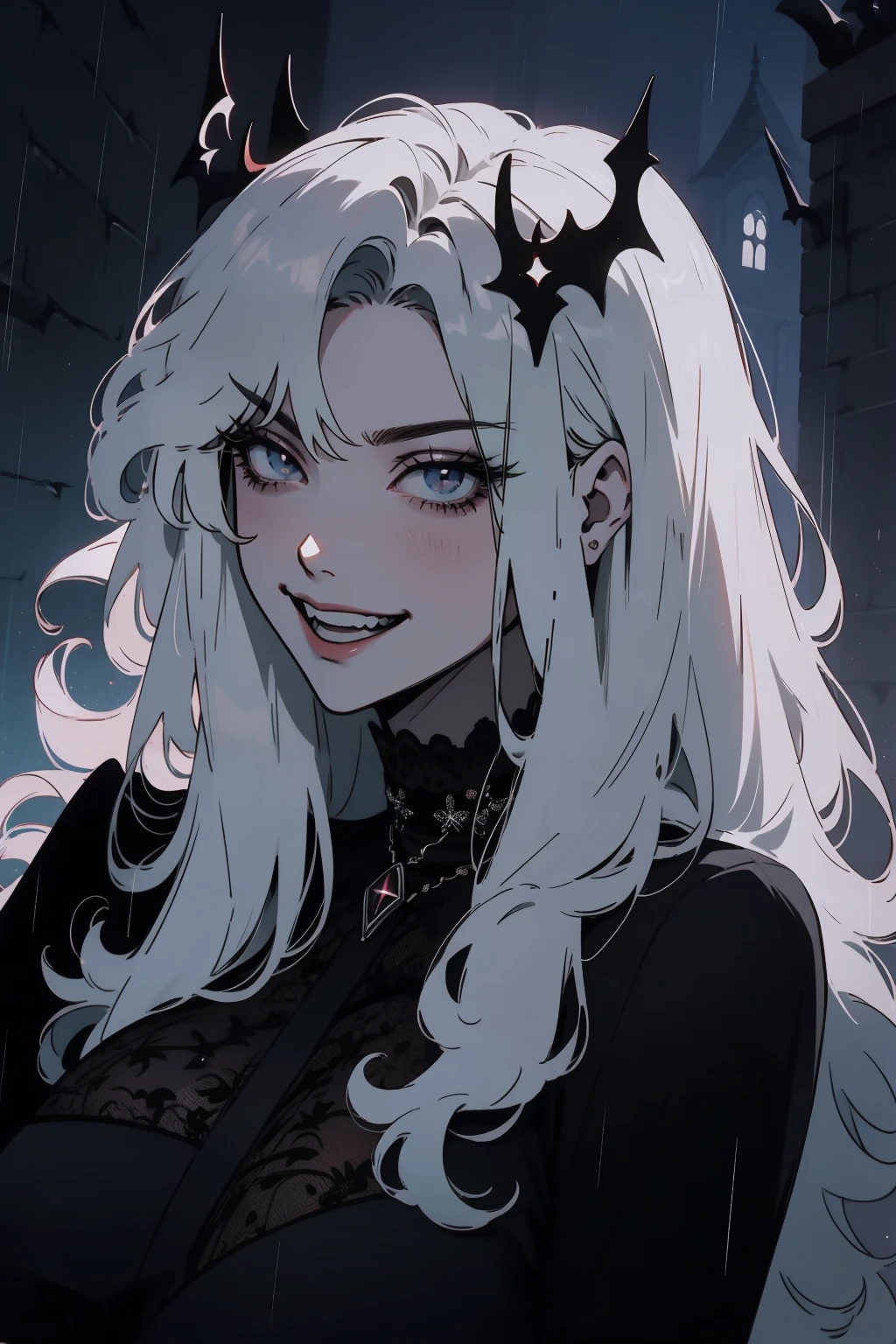 (outside, scary castle, raining, evening, soft light, dim lit, moody vibe, horror \(theme\), ), (insanely detailed, beautiful detailed face, masterpiece, best quality), 1girl, succubus, demon girl, mature female, white hair, pink eyes, grin, smirk, demon horns, black tail, black demon wings, whole body, sitting on the ground, 