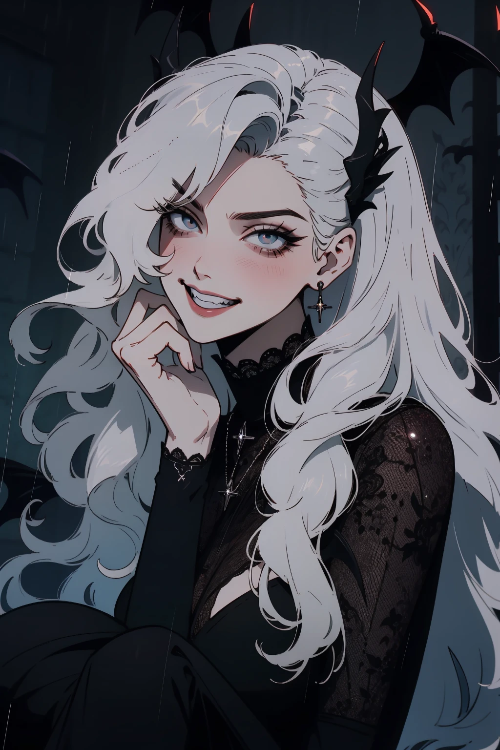 (outside, scary castle, raining, evening, soft light, dim lit, moody vibe, horror \(theme\), ), (insanely detailed, beautiful detailed face, masterpiece, best quality), 1girl, succubus, demon girl, mature female, white hair, pink eyes, grin, smirk, demon horns, black tail, black demon wings, whole body, sitting on the ground, 