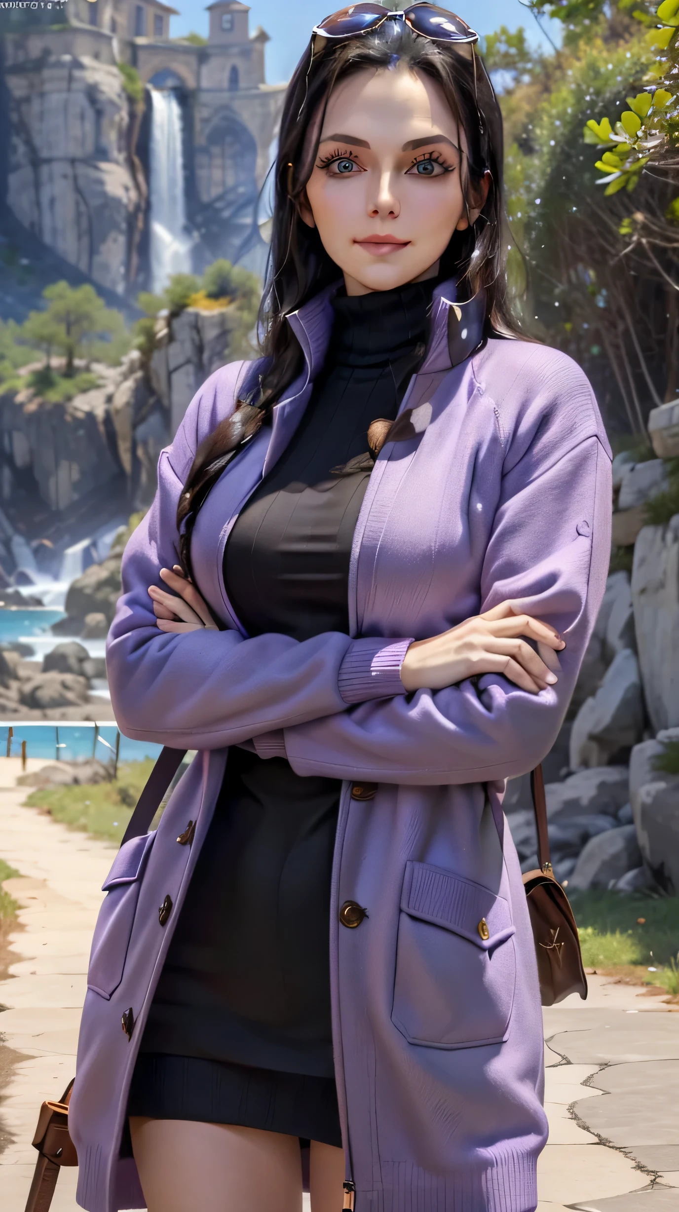 (Masterpiece), 1girl, high quality, best quality, extremely detailed eyes, extremely detailed body, blush, highly detailed, Nico robin, one piece, black hair, blue eyes, looking at viewer, smile, large breasts, gloves, long sleeves, closed mouth, 1girl, purple jacket, upper body, open clothes, sweater, coat, crossed arms, eyewear on head, brown gloves, ribbed sweater, hair slicked back, purple sweater