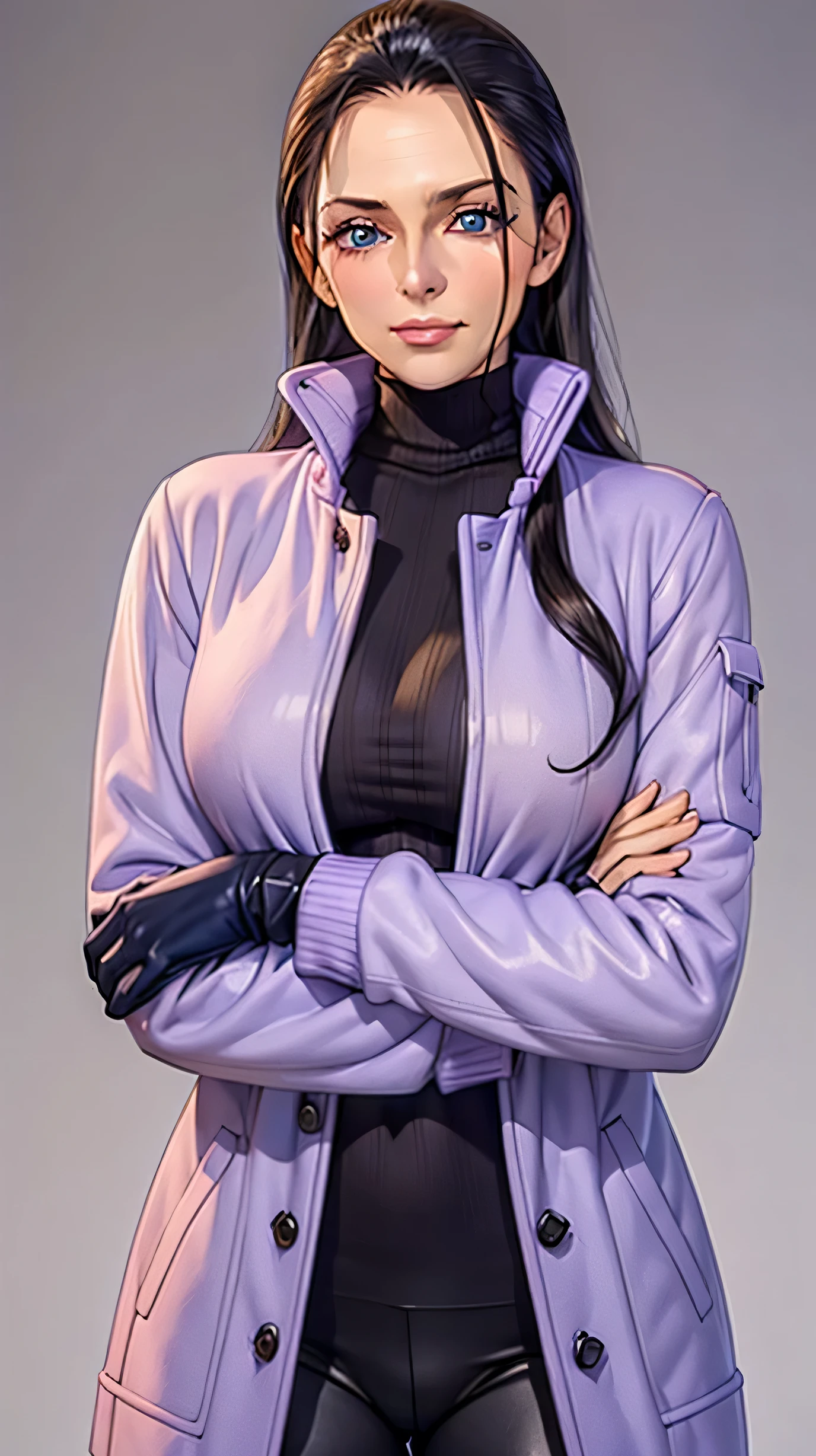 (Masterpiece), 1girl, high quality, best quality, extremely detailed eyes, extremely detailed body, blush, highly detailed, Nico robin, one piece, black hair, blue eyes,  looking at viewer, smile, large breasts, gloves, long sleeves, closed mouth, 1girl, purple jacket, upper body, open clothes, sweater, coat, crossed arms, eyewear on head, brown gloves, ribbed sweater, hair slicked back, purple sweater