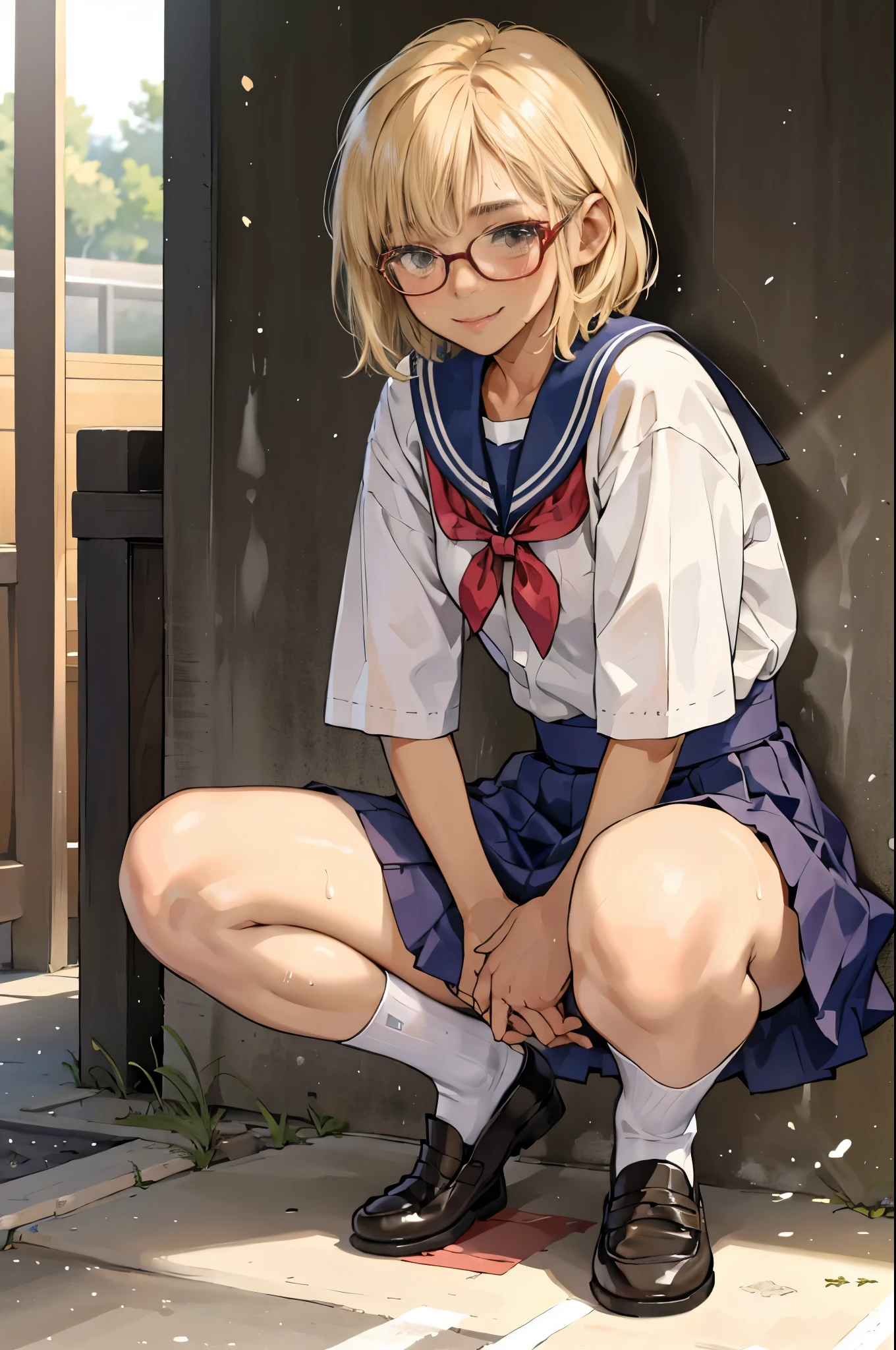 (super flat, flat shading), Honors Type, Really blushing, 17 years old, Japanese school girl, Short bob cut blonde hair, Glasses, (((sun burn dark skin))), sweaty healthy body, mesugaki smile, , bare legs, loafers, ultra realistic, early morning, squatting in crowded street,