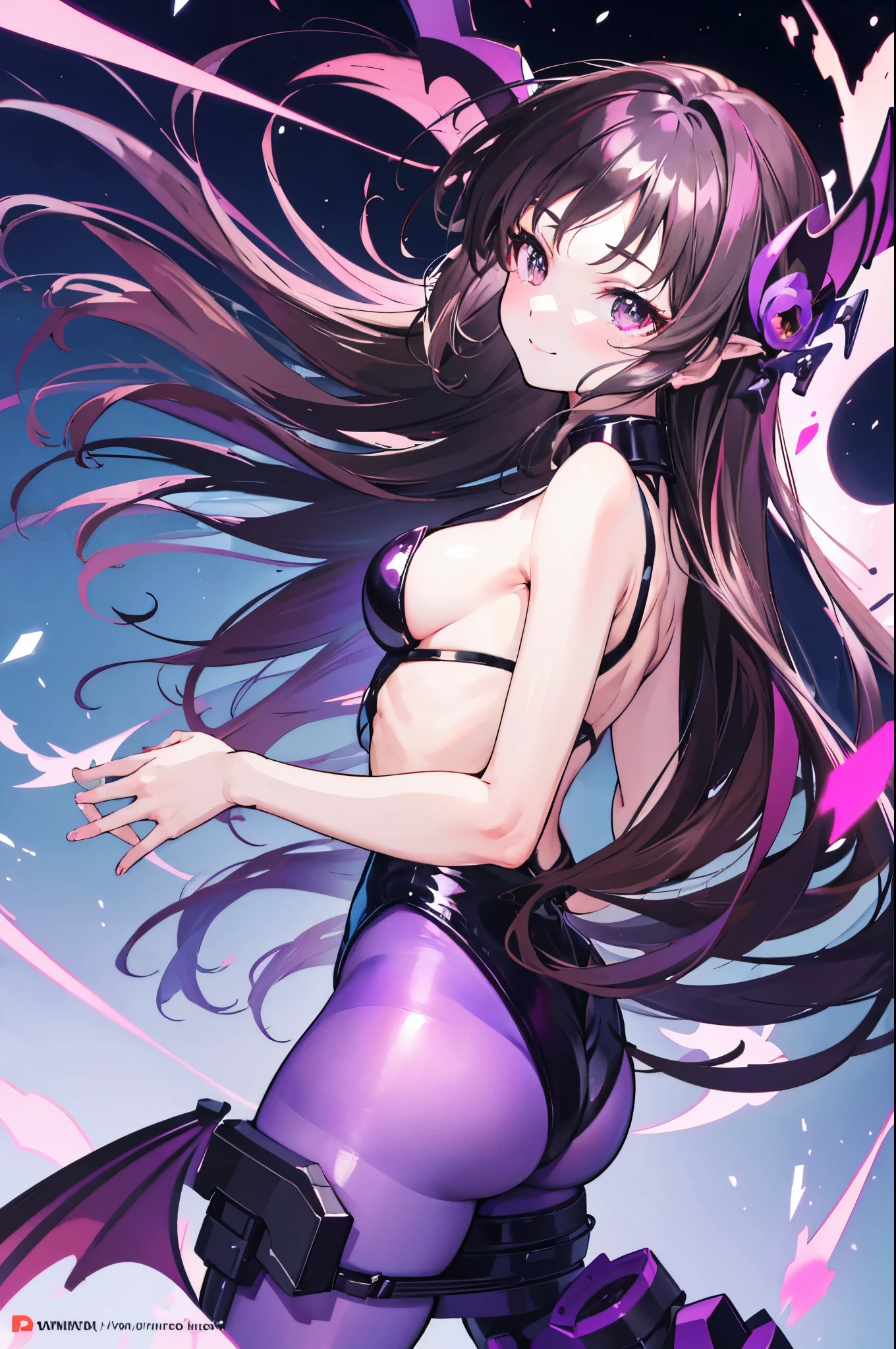 highest quality Highest image quality Adult-like body type draw the face carefully Anime style high quality face super shiny skin Black and purple leotard Pink pantyhose succubus lure smile Rear view