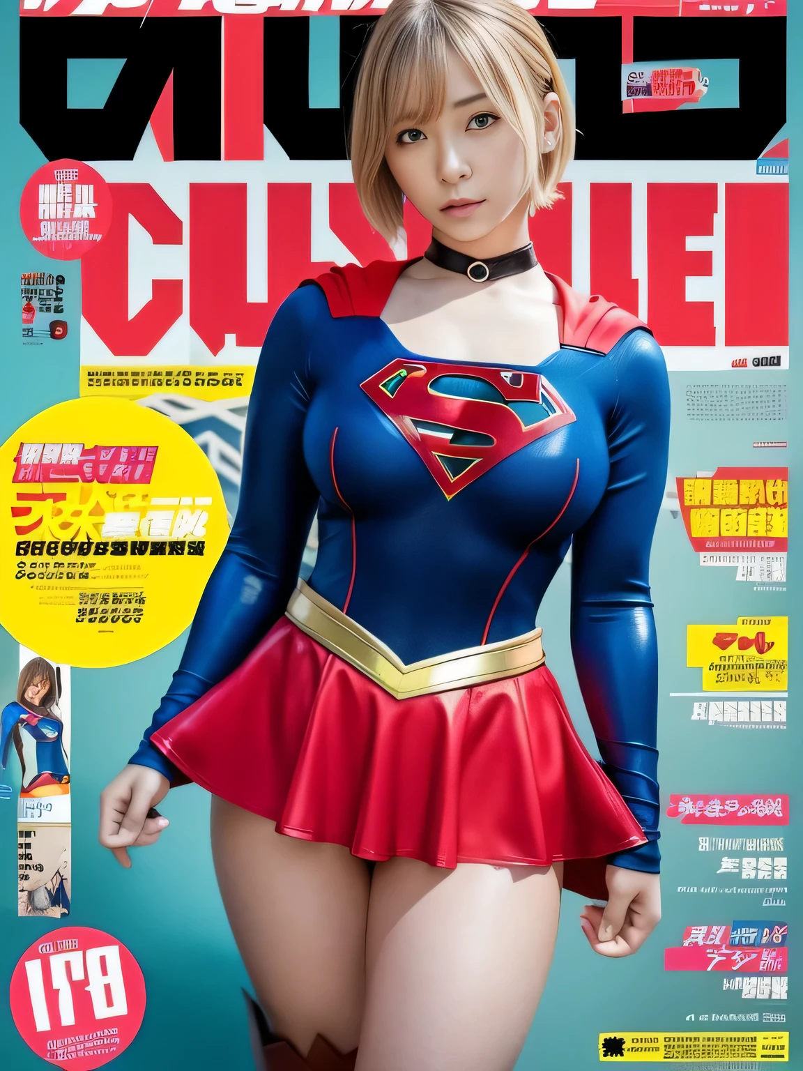 masterpiece、supergirl costume、short hair、enamel boots、big and full breasts、standing posture、athlete、shiny、looking at camera、choker、red mini skirt、Weekly magazine cover、Sculpture Magazines、sweaty、full body portrait、from right in front、