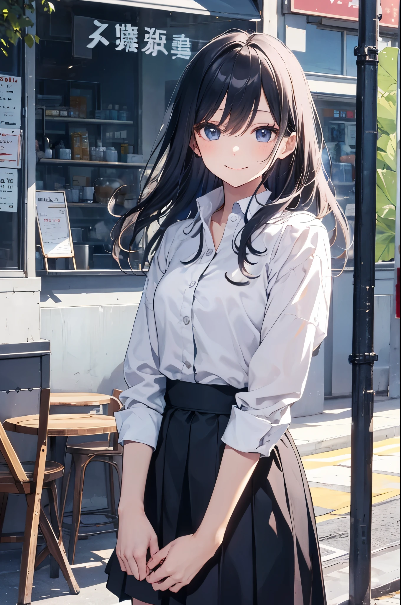 （Pretty sister:1.3）、long eyelashes、happy face,spring atmosphere、noon、aggressive、hot、((strong wind))、black skirt、shining eyes、light blue y shirt、Cafe