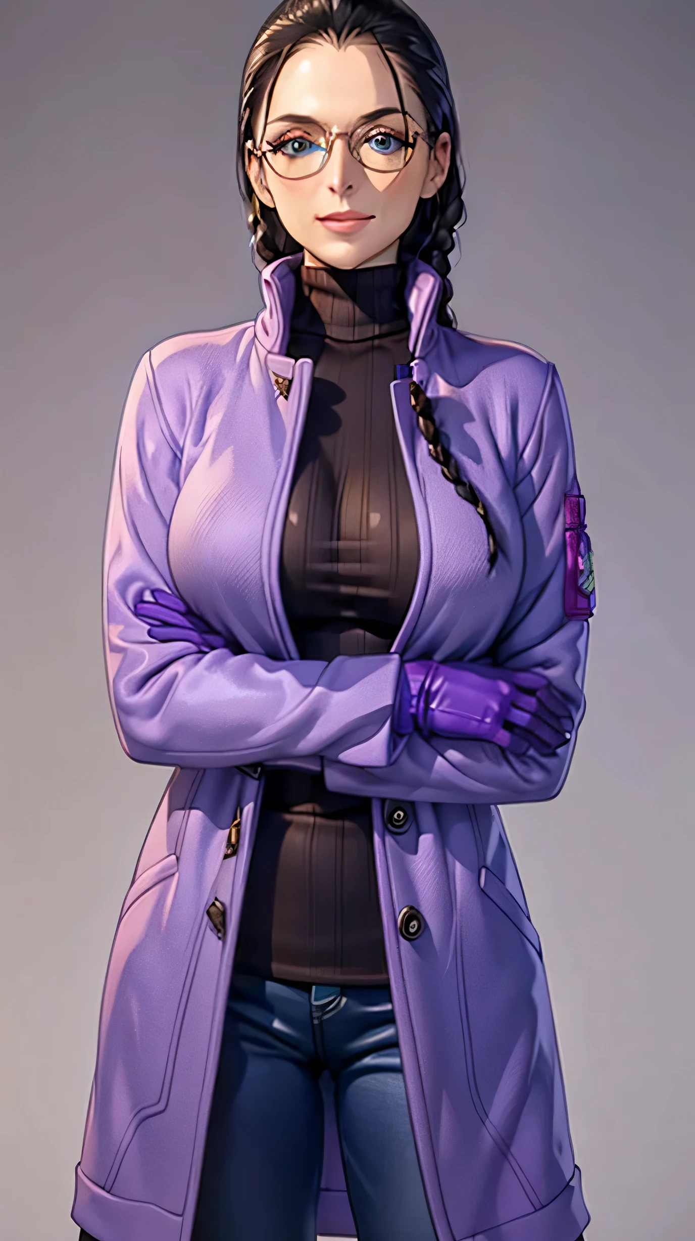 (Masterpiece), 1girl, high quality, best quality, extremely detailed eyes, extremely detailed body, blush, highly detailed, Nico robin, one piece, black hair, blue eyes,  looking at viewer, smile, large breasts, gloves, long sleeves, closed mouth, 1girl, purple jacket, upper body, open clothes, sweater, coat, crossed arms, eyewear on head, brown gloves, ribbed sweater, hair slicked back, purple sweater