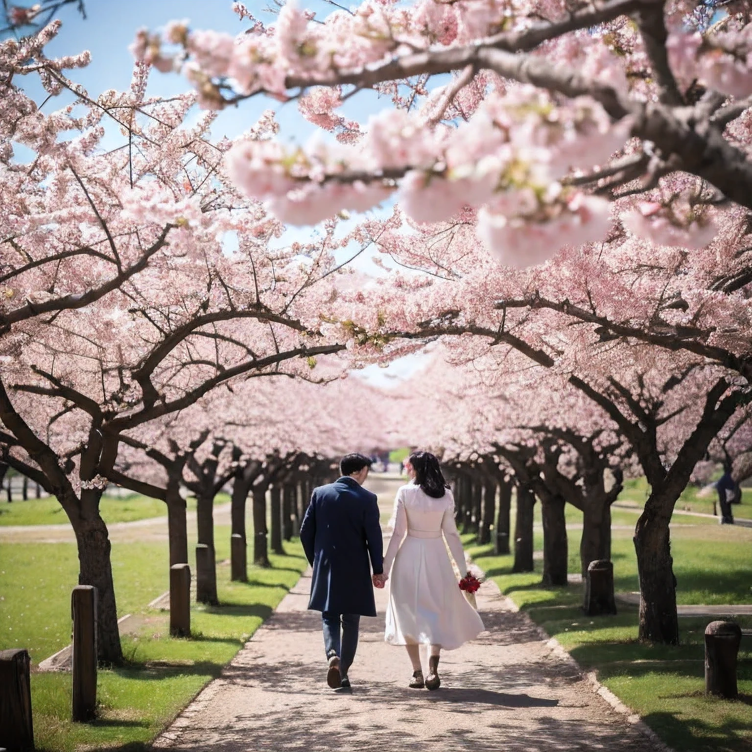 The photo was taken under the cherry blossom tree.、family、seems to be happy、full body shot、from behind、sunny day、4k、８K、realistic、32k