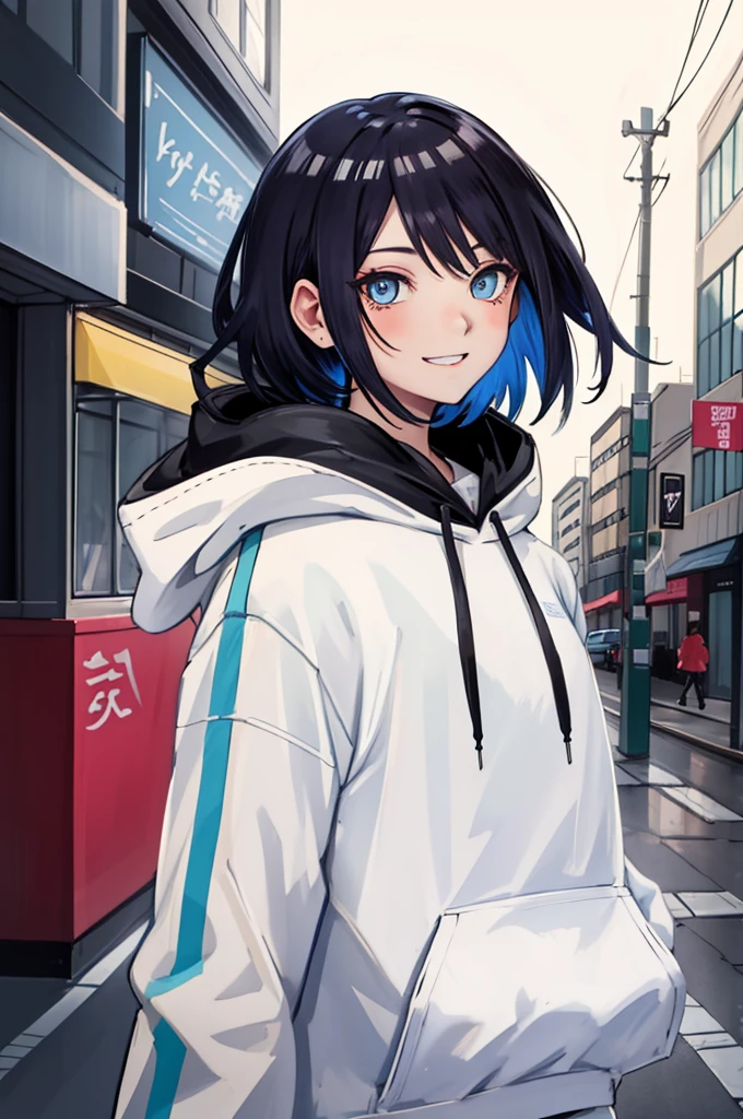 masterpiece, ultra-detailed, 1girl, female focus, upper body shot, Uzumaki BorutoHimari wearing yellow Streetwear Hoodie, black hair, Blue eyes, look at viewer, happy face, vibrant colors, cityscape background, dinamic lighting, highly detailed face, stylish, urban style, cool attitude, bokeh, blurry background,