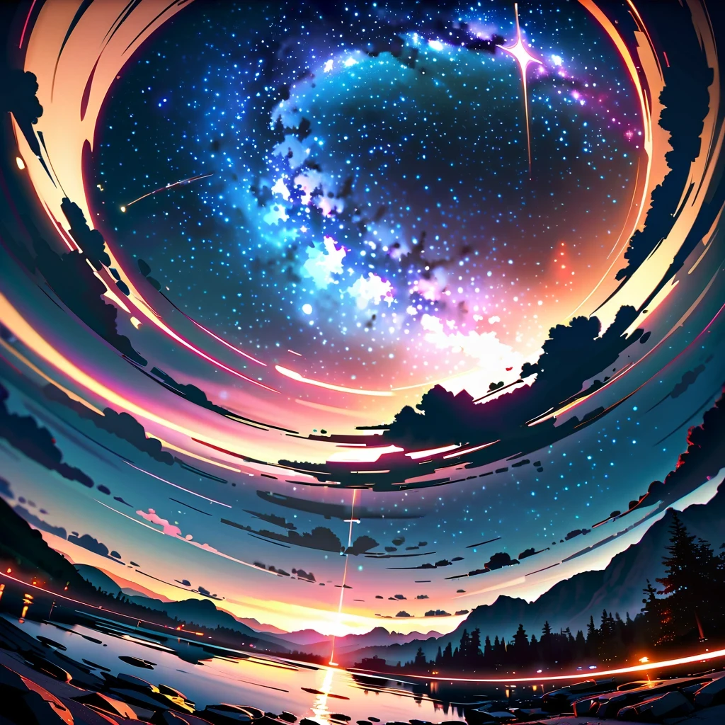 super wide angle/super wide angle，HD/High resolution，4K resolution，Natural light/natural lighting，realism/actual，Rich in details/Rich details，Light and shadow effects/Lighting effects，bright colors/bright colors，deep night sky/deep night sky，stars shine/stars twinkling，Milky Way/Milky Way，star trails/star trails，peaceful atmosphere/peaceful atmosphere，Natural landscape/Landscape photography，national geographic style/national geographic style，Photography Art/Photography Art，visually stunning/visual impact