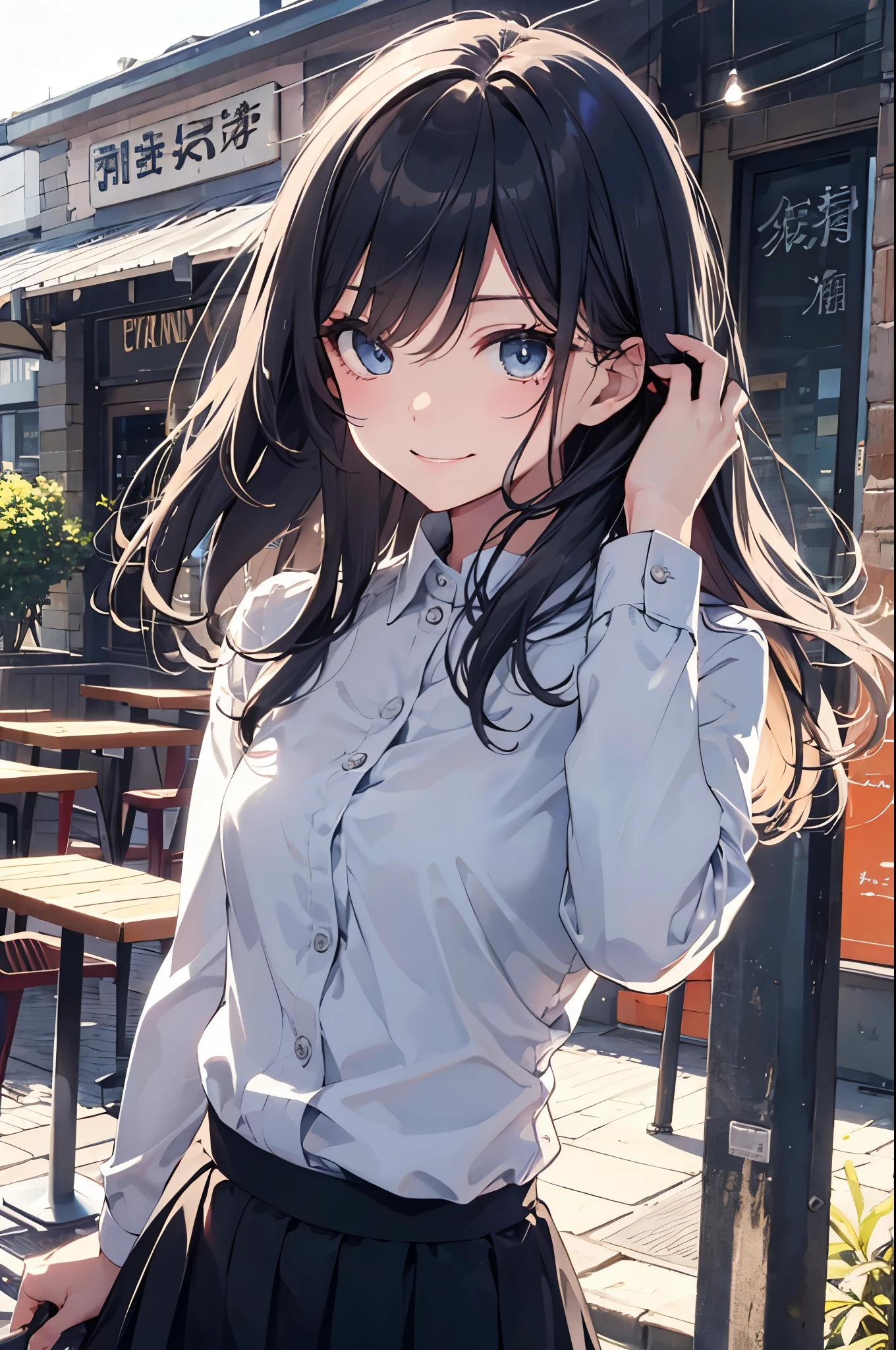 （Pretty sister:1.3）、long eyelashes、happy face,spring atmosphere、noon、aggressive、hot、((strong wind))、black skirt、shining eyes、light blue y shirt、Cafe