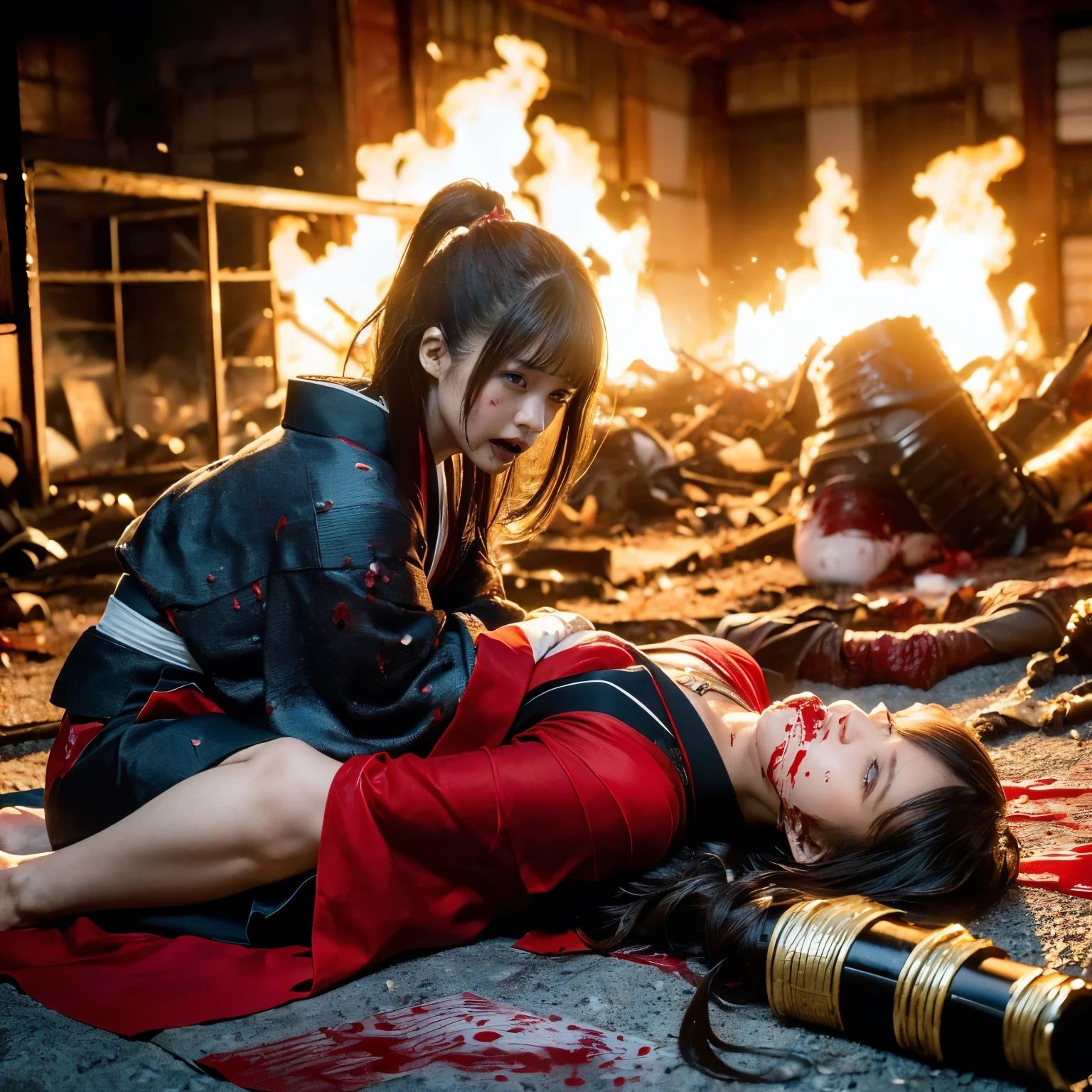 (((Realistic, masterpiece, best quality, crisp detail, high definition, high detail, sharp focus, perfect studio lightning))), 20 years old assassin,((( in the middle of a war, kasumi arimura, drinking blood, blood sucking))), wearing (((fully decorated golden armor, armored kimono, blood scattered face, blood tears, blood bath, blood shed))), (((fire everywhere, blood everywhere, death everywhere, japan bakumatsu period, mutilated dead bodies,burned japanese castle,hellish,chaos)) traditional village background)