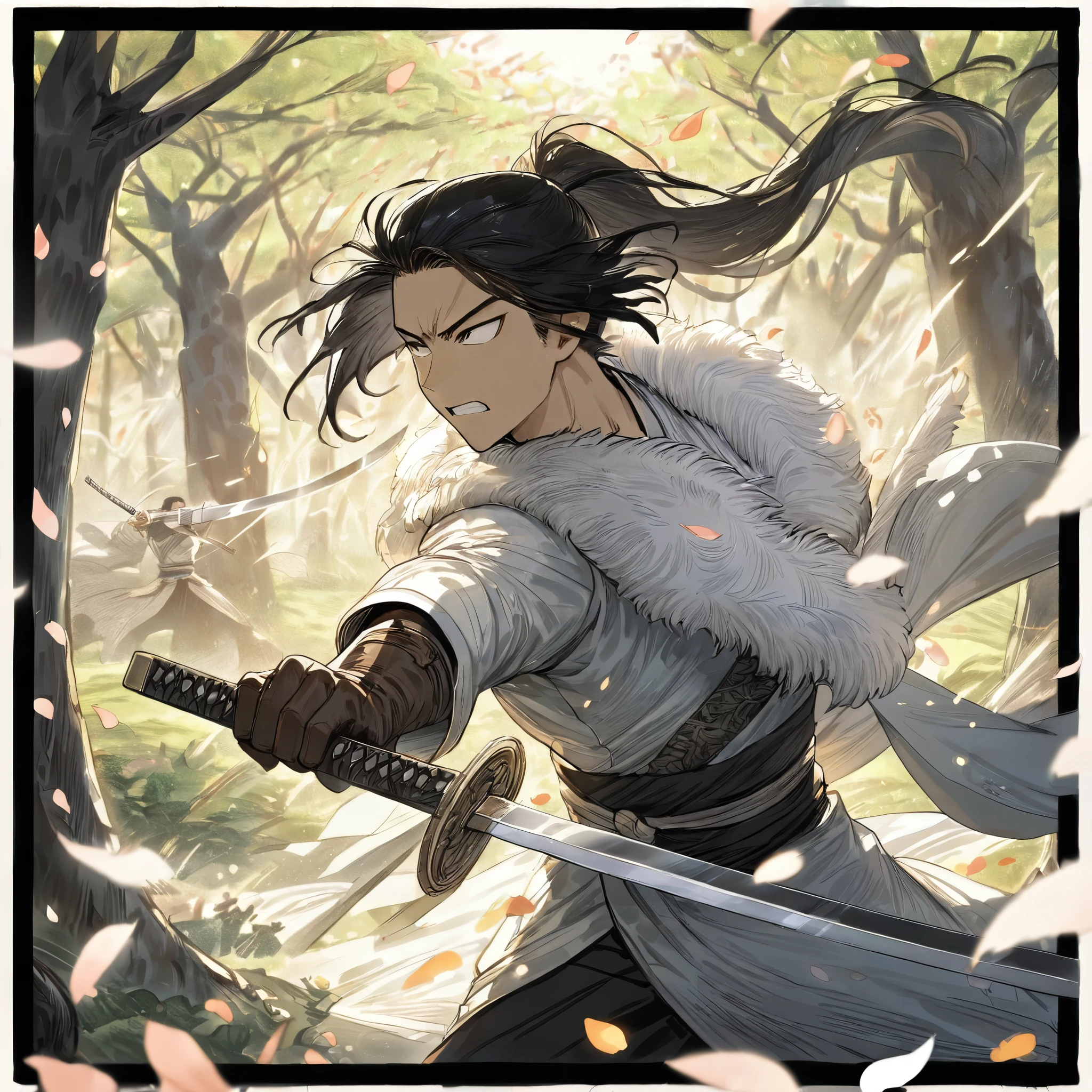 (dress in white),Petals fluttering in the wind, shining swords, helpless expression, anger, fighting with death, very detailed expression, very detailed petals,ponytail, 2swordsman fighting,fight,gongfu,stand in trees, 2swordsman stood in a peach tree forest with petals dancing,petals , detailed ,completing the stable diffusion of serenity and contentment,masterpiece, best quality,masterpiece, best quality, swordman,holding a sword(trees:0.5),(eagle:0.5), (bamboo:0.2) fighting stance, 1man, glowing, solo, weapon, sword, tree, holding, gloves, outdoors, sheath, border, holding weapon, black hair, holding sword, fur trim, looking away,look at view