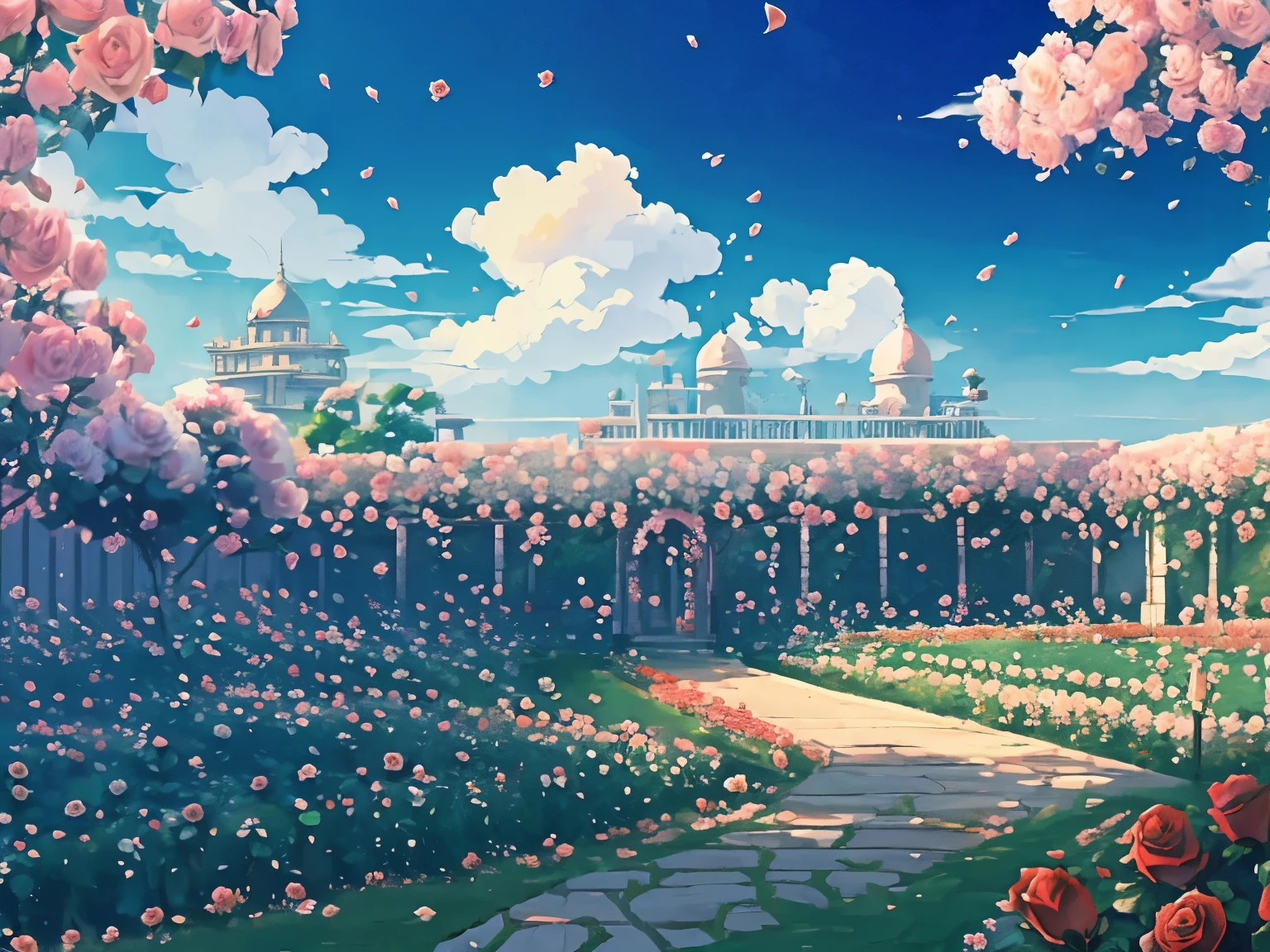 DVD screengrab from studio ghibli movie, (beautiful rose garden:1.4), clouds on blue sky, designed by Hayao Miyazaki, retro anime, bright colors