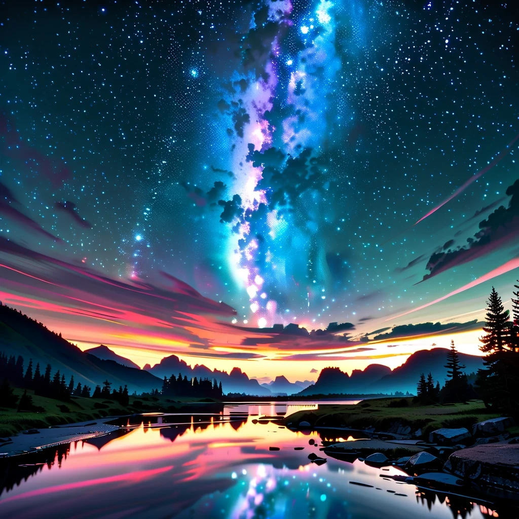 super wide angle/super wide angle，HD/High resolution，4K resolution，Natural light/natural lighting，realism/actual，Rich in details/Rich details，Light and shadow effects/Lighting effects，bright colors/bright colors，deep night sky/deep night sky，stars shine/stars twinkling，Milky Way/Milky Way，star trails/star trails，peaceful atmosphere/peaceful atmosphere，Natural landscape/Landscape photography，national geographic style/national geographic style，Photography Art/Photography Art，visually stunning/visual impact