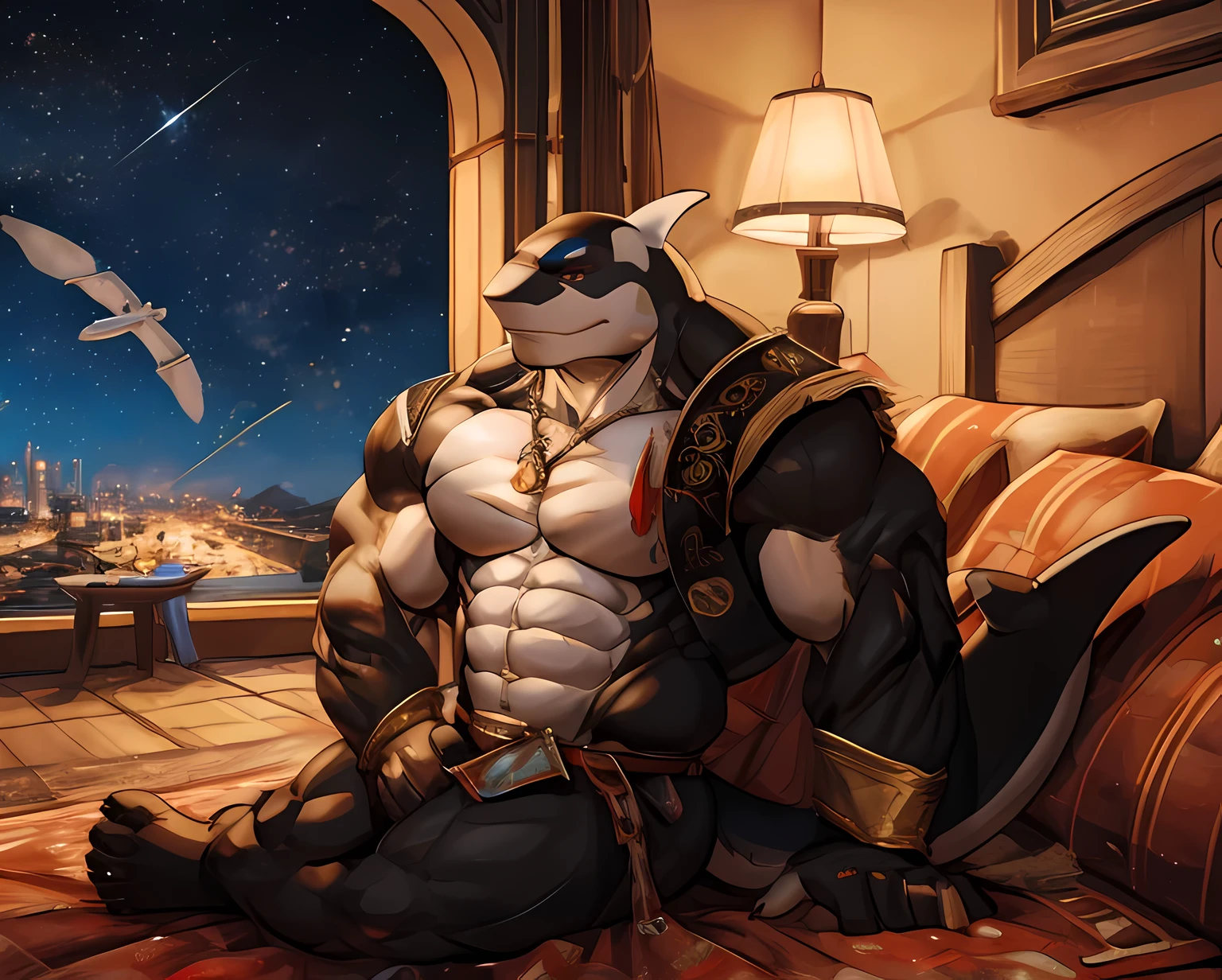 Anthropomorphic, (Solo), Anthro male, Single, Male, Muscle, Lone Orca, 50 years old, King clothes, airplanes ship, Perfect scaling, Full of View, interesting Masterpiece, by Luodejun, Praying, Shimmering stars, in the tower alone watching from above, hand position in prayer, Stargazing, Beautiful atmosphere, on the space