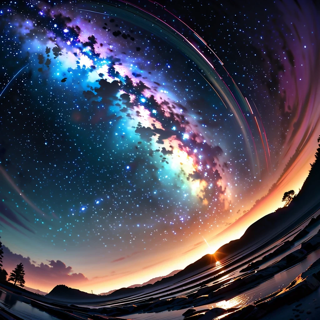 super wide angle/super wide angle,HD/High resolution,4K resolution,Natural light/natural lighting,realism/actual,Rich in details/Rich details,Light and shadow effects/Lighting effects,bright colors/bright colors,deep night sky/deep night sky,stars shine/stars twinkling,Milky Way/Milky Way,star trails/star trails,peaceful atmosphere/peaceful atmosphere,Natural landscape/Landscape photography,national geographic style/national geographic style,Photography Art/Photography Art,visually stunning/visual impact
